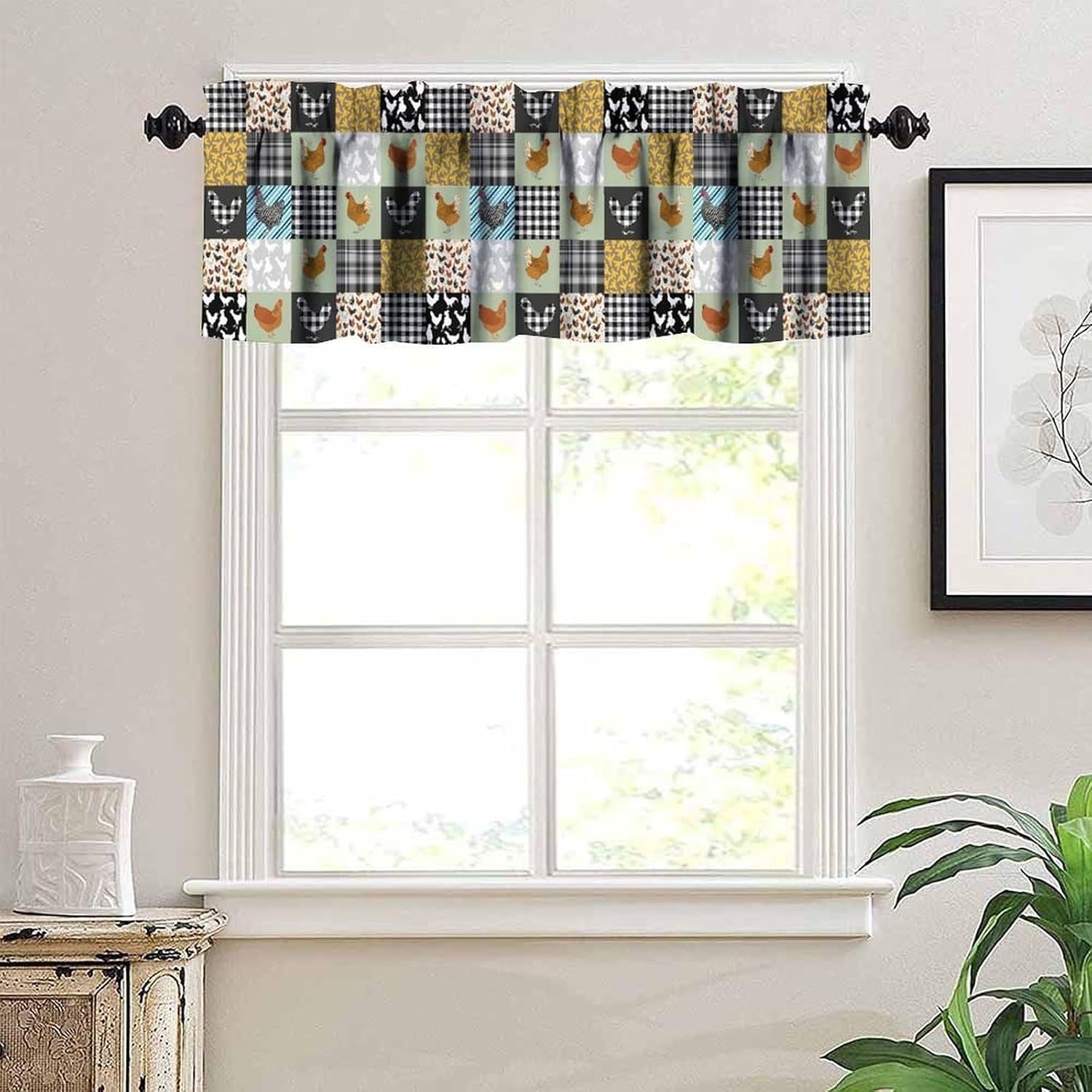 Rooster Valance Curtain Chicken Stripe Plaid Patchwork Rustic Pattern Window Treatment Valances Short Curtains Rod Pocket Drape for Dining Room Kitchen Home Farmhouse Decor, 54x18inch