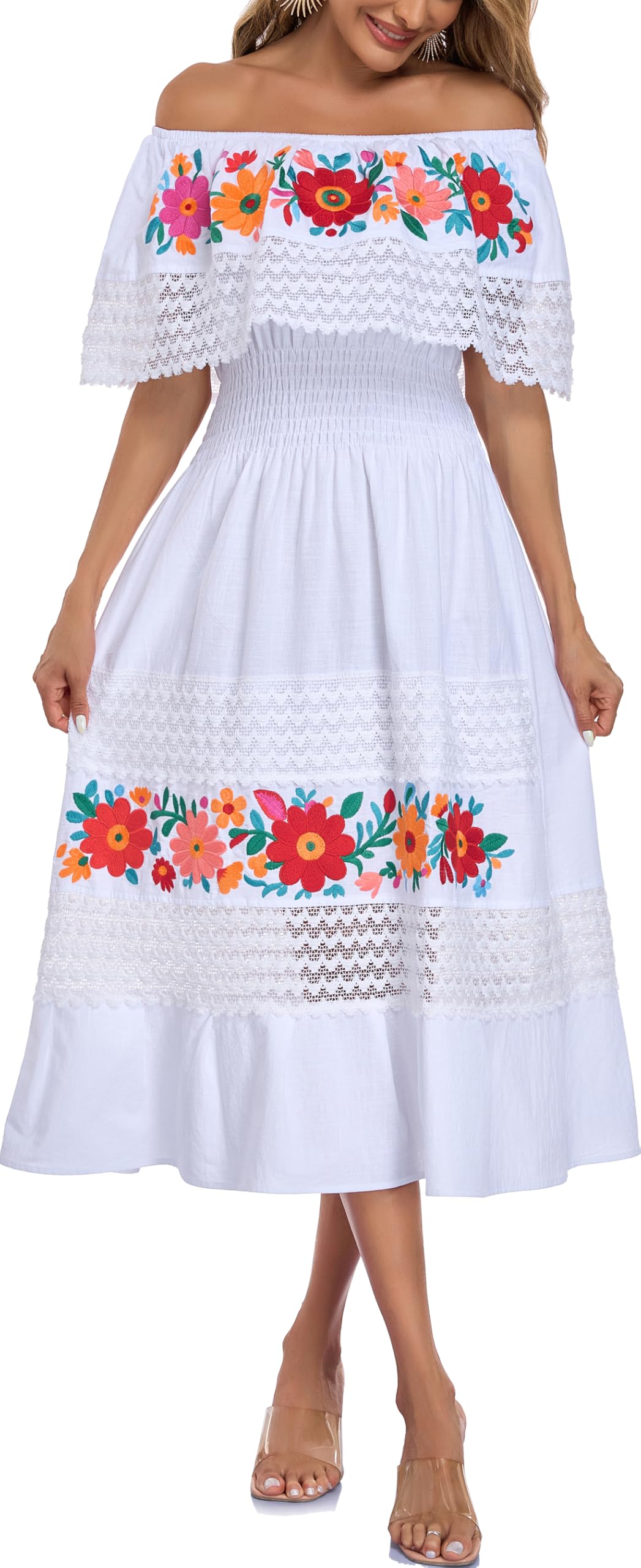 Women Embroidered Mexican Dress Peasant Floral Sexy Off-Shoulder Long Dress