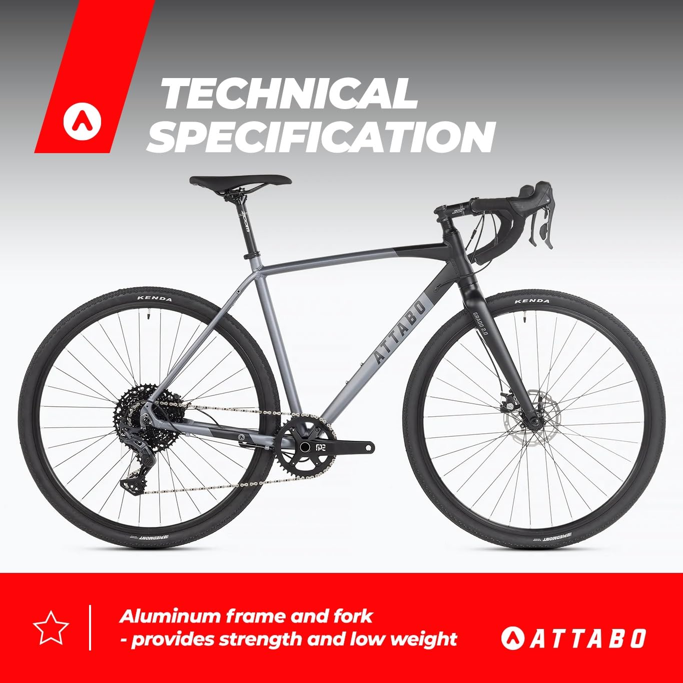 ATTABO Gravel Bike Grado 2.0 con marco de aluminio de 54 cm, manillar ergonómico, freno de disco mecánico TEKTRO gris, bicicleta con ruedas de 28 pulgadas con accesorios, sillín ajustable, transmisión
