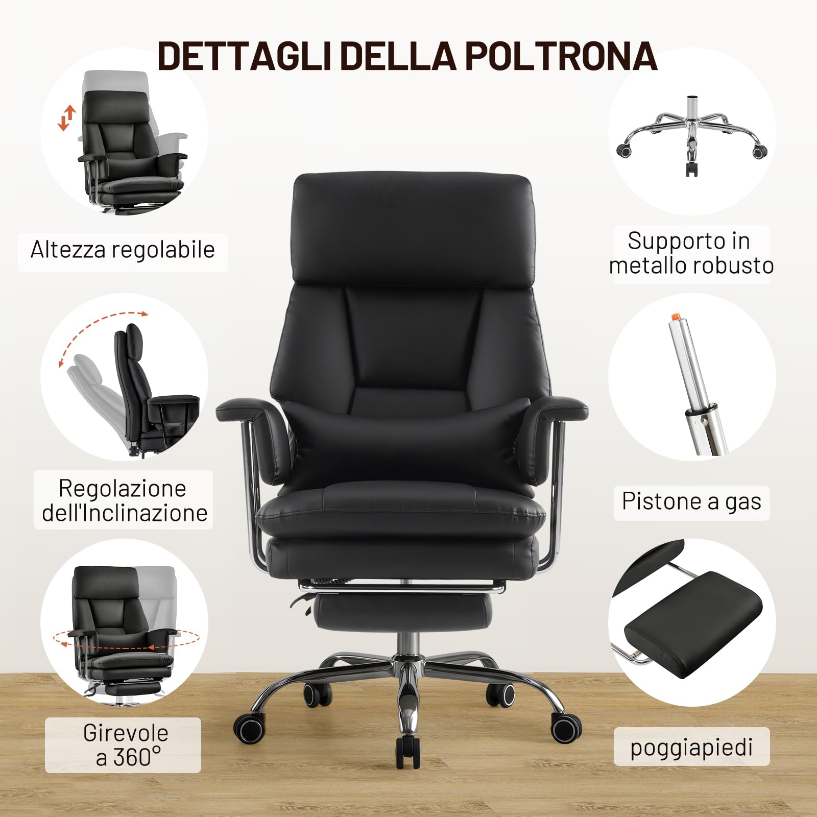 Sedia da Ufficio Direzionale con Poggiapiedi, Poltrona Ufficio Ergonomica Reclinabile in Pelle PU, Sedia da Computer con Cuscino Ispessito e Supporto Lombare 200kg, Nero