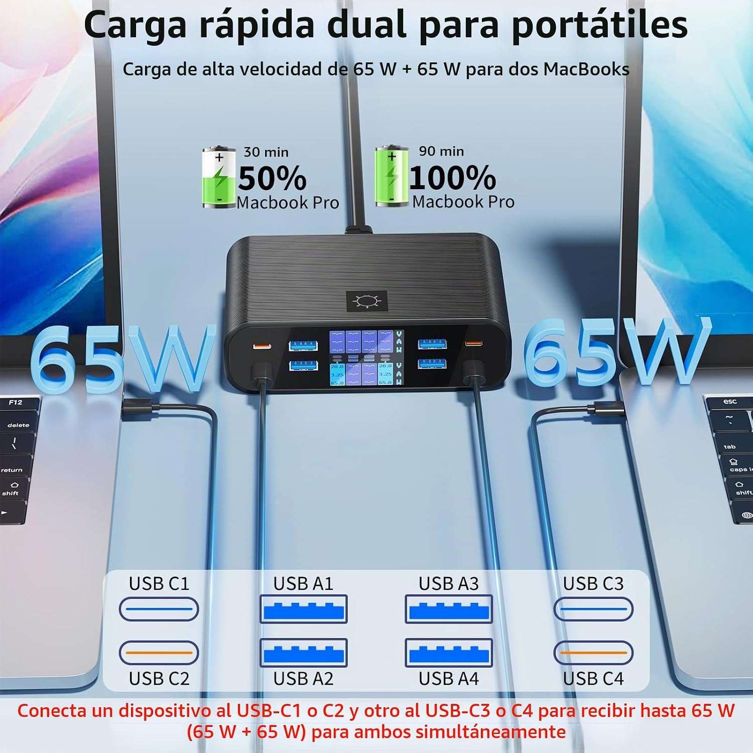 Cargador USB C Multiple 8 Puertos con Pantalla LED 300W Estacion 4