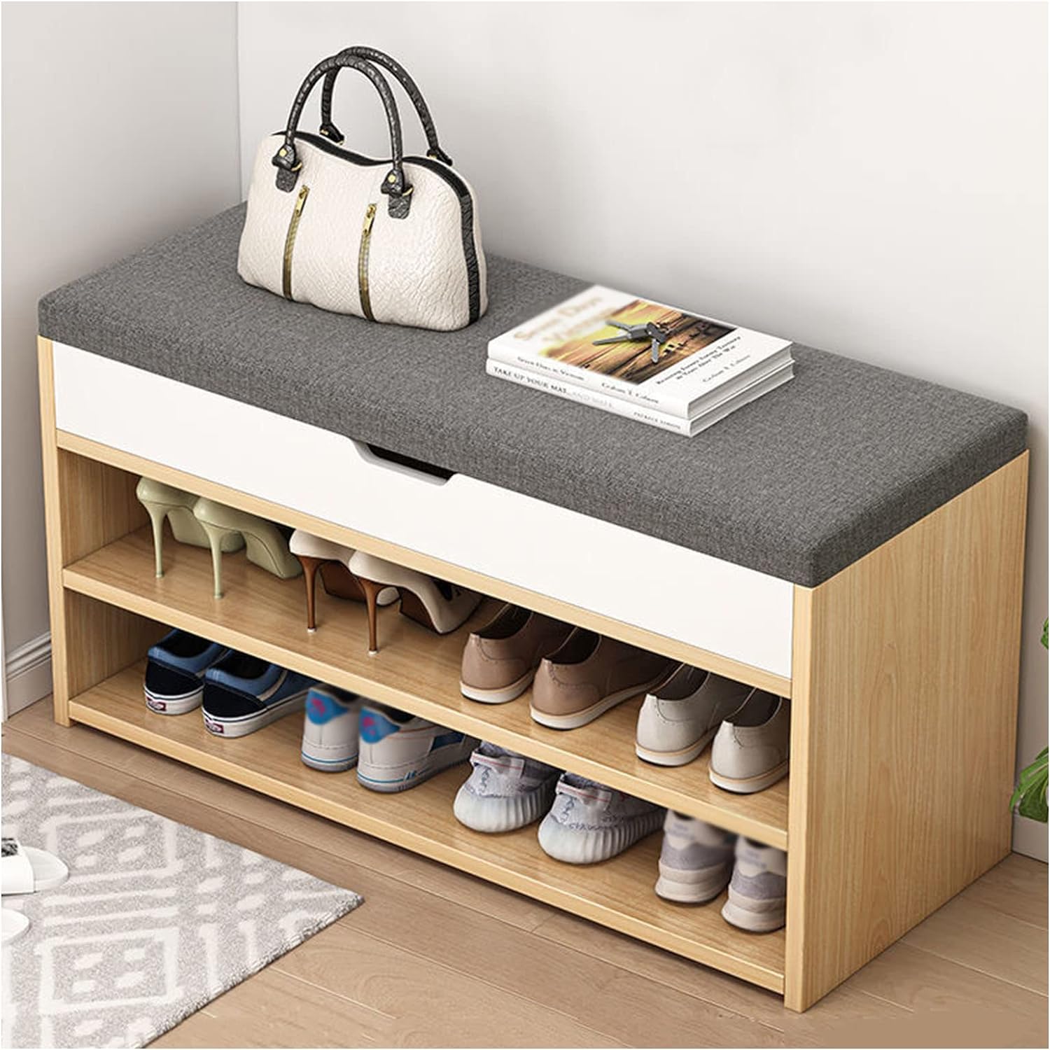 Meuble à chaussures en bois avec banc rembourré et rangement intégré pour entrée