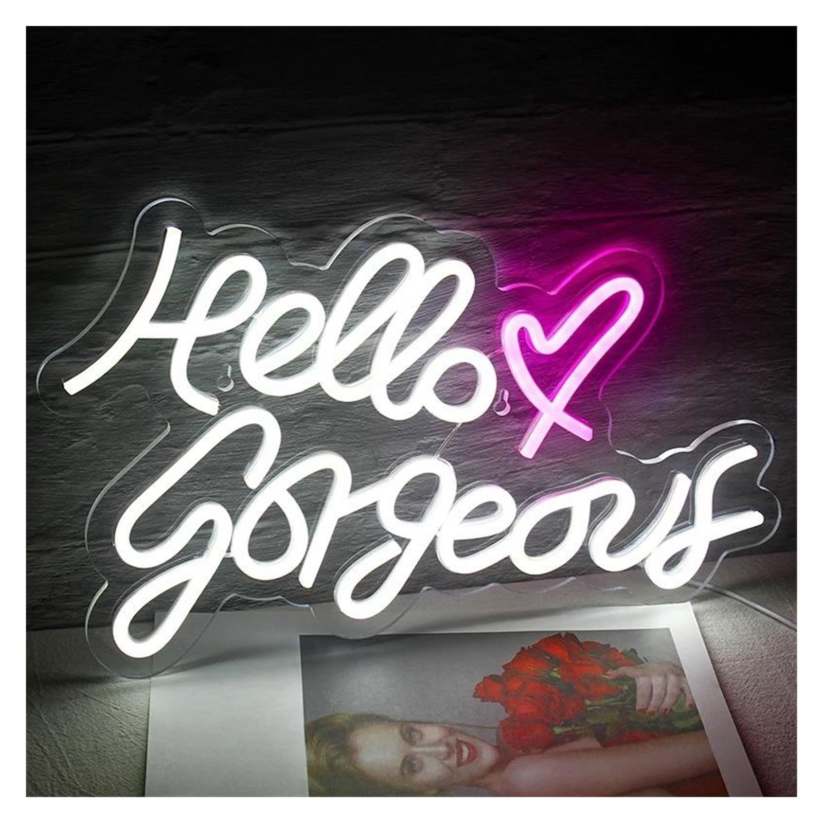 Gamer Glas Neon Licht ， Hello Gorgeous Neonschild Buchstabe LED-Licht Hochzeit Zuhause Zimmer Schlafzimmer Dekoration USB-betriebene Wandlampe beleuchtet 42cmx25.5cm