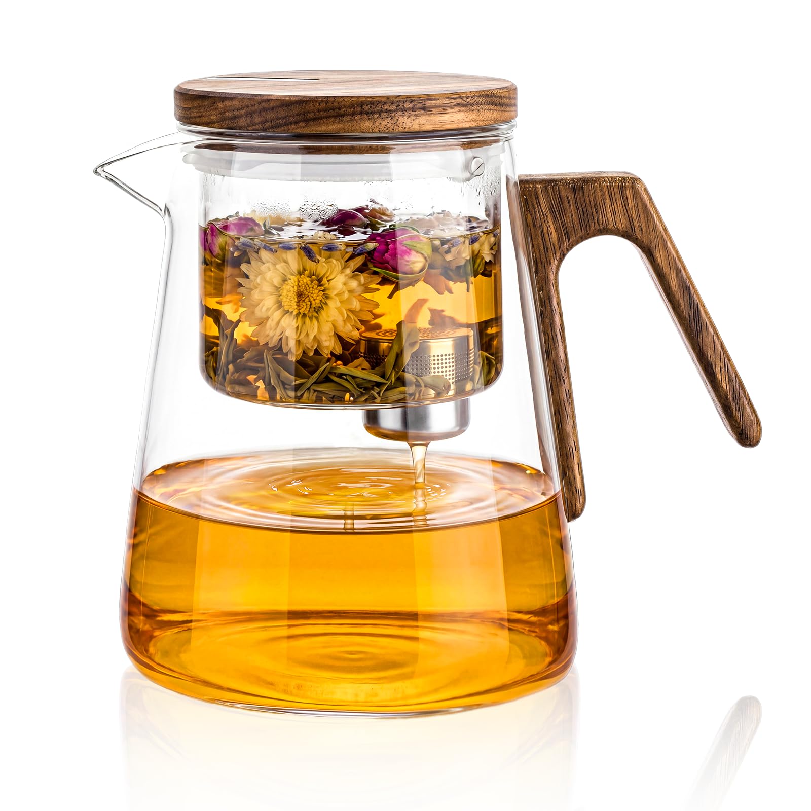 Magic Théière en Verre avec Passoire, Theiere en Verre avec Couvercle à Succion Magnétique et Manche en Bois de Noyer, Theiere avec Infuseur pour Thé en Vrac, Service à Thé Maison Bureau