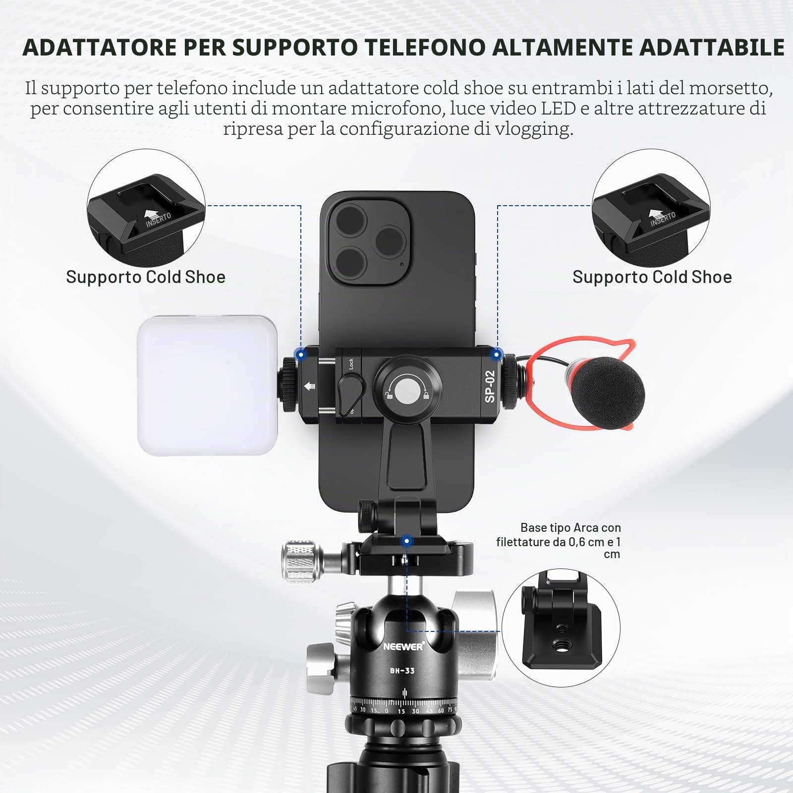 NEEWER Adattatore per treppiede, morsetto per cellulare con slitta flash, filettatura 1/4" 3/8", Arca tipo base, girevole a 360°, inclinazione di 180°, compatibile con iPhone 14 13 Pro Max Mini X Xs