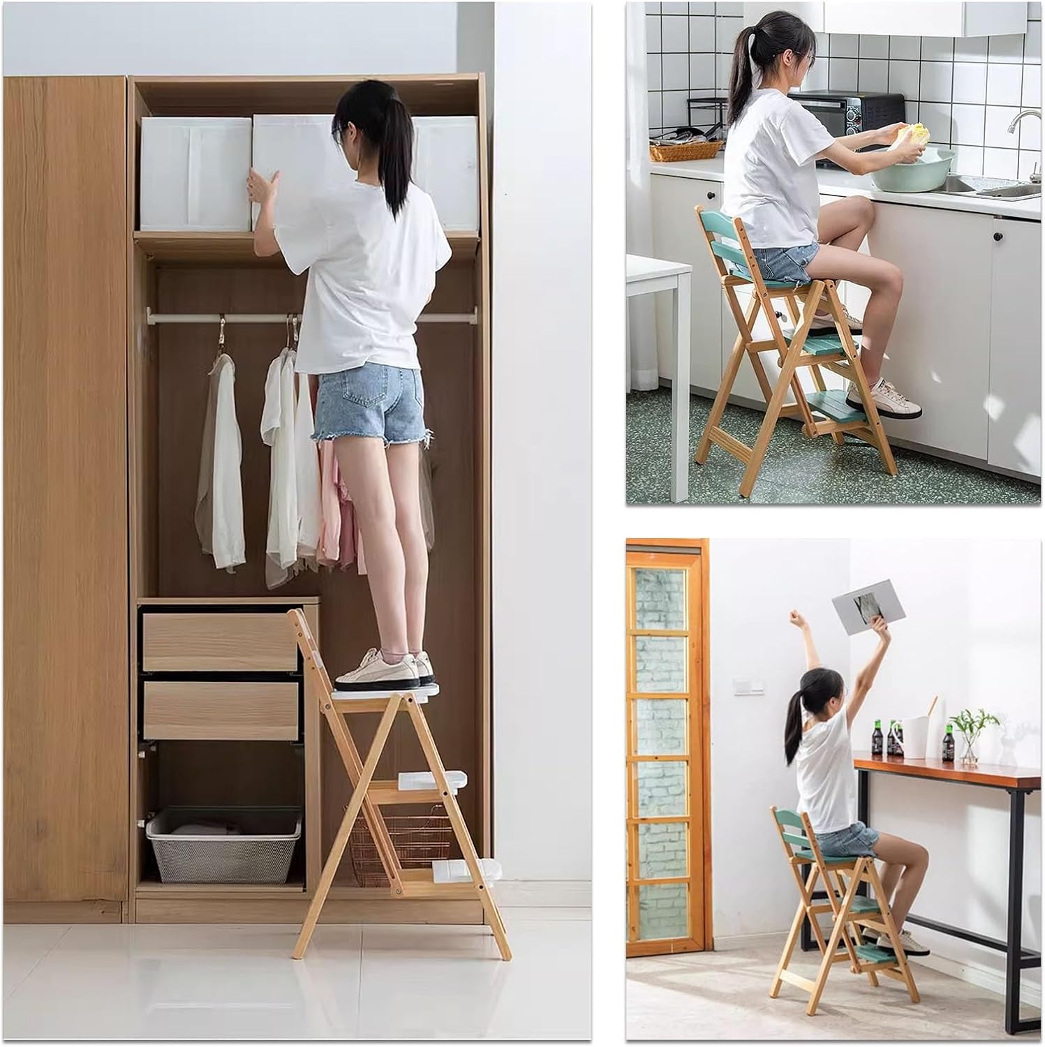 Solid Wood Folding Bar Stool Height Foldable Stool Tall Stool 3 Step Multifunction Indoor Ladder Stool Portable Foldable Stool Step Stool for Household Kitchen Bathroom Storage Shelf(Blue)