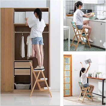 Solid Wood Folding Bar Stool Height Foldable Stool Tall Stool 3 Step Multifunction Indoor Ladder Stool Portable Foldable Stool Step Stool for Household Kitchen Bathroom Storage Shelf(Gray)