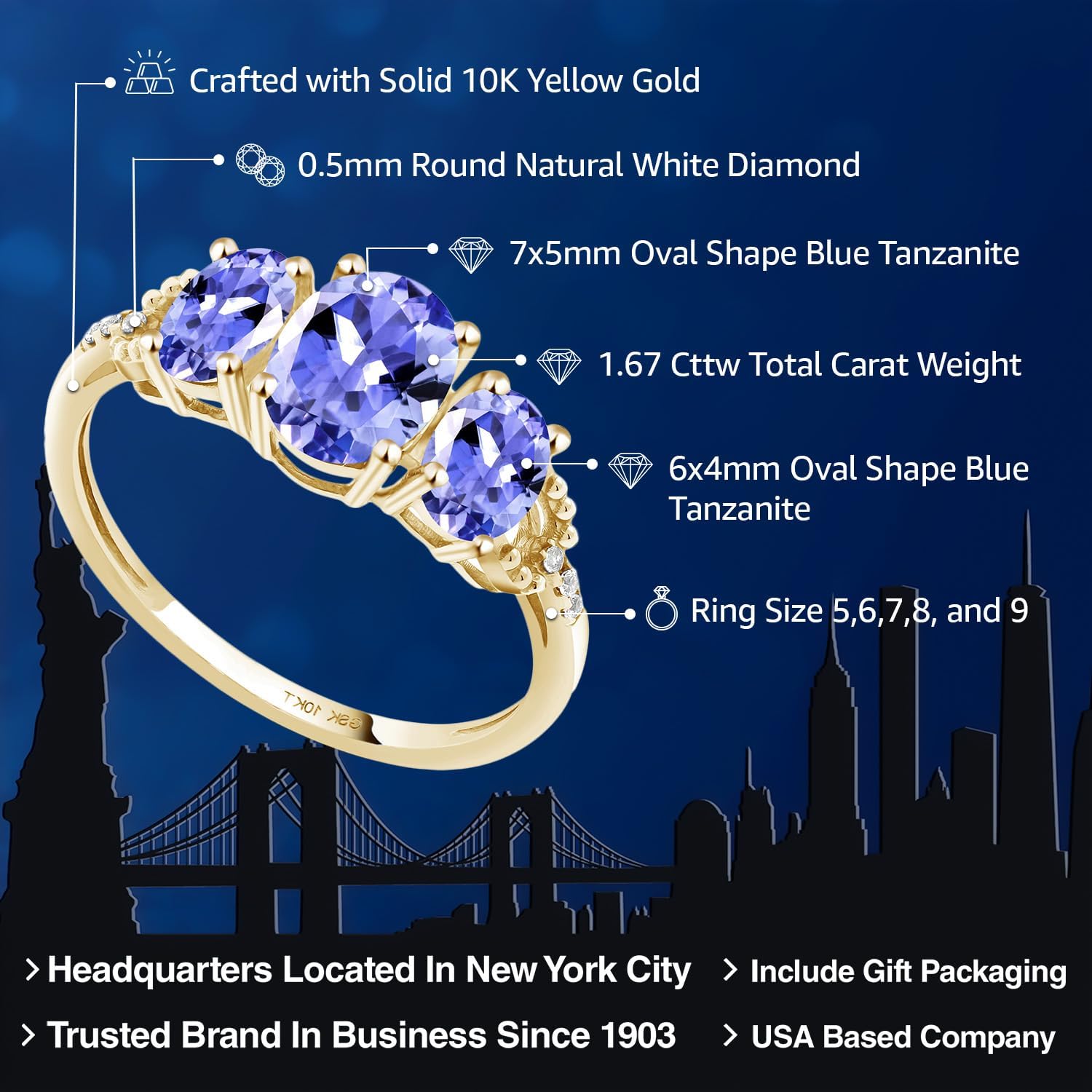 Gem Stone King 10K Yellow Gold Oval Blue Tanzanite and Diamond Accent 3-Stone Engagement Ring For Women | 1.67 Cttw | 3 Stone Wedding Engagement Anniversary Promise Ring For Women - Image 2