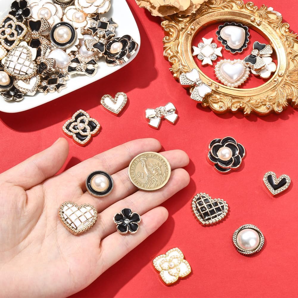 20 Styles 80Pcs Heart Cabochons Resin Flower Cabochons Bulk Small Cute Black White Enamel Bows Round Pearl Flatback Decoden Charms for Jewelry Making Hair Clip DIY Crafts Decorations Beginner