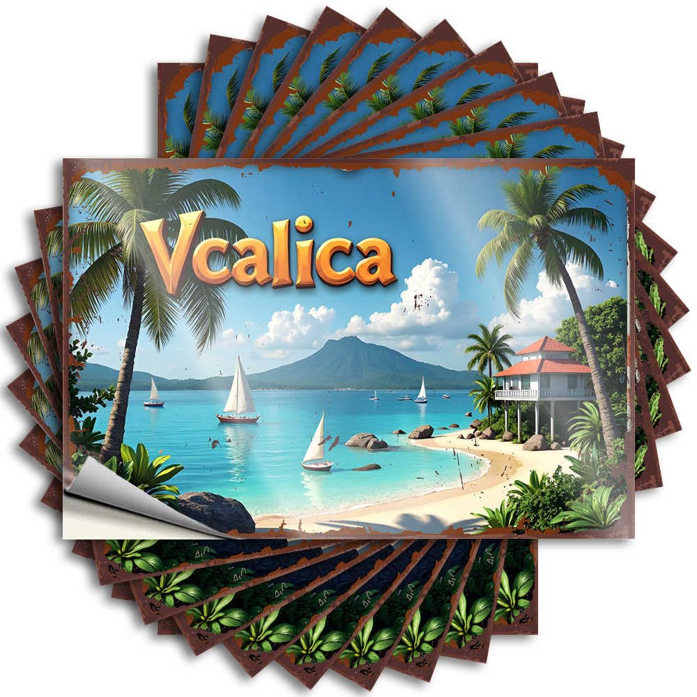 Lettering Sticker Guest Vinyl Sticker | Vcalica: A Tropical Paradise with Sailing Boats and Palm Trees Happy for Outside Use(12X18CM)