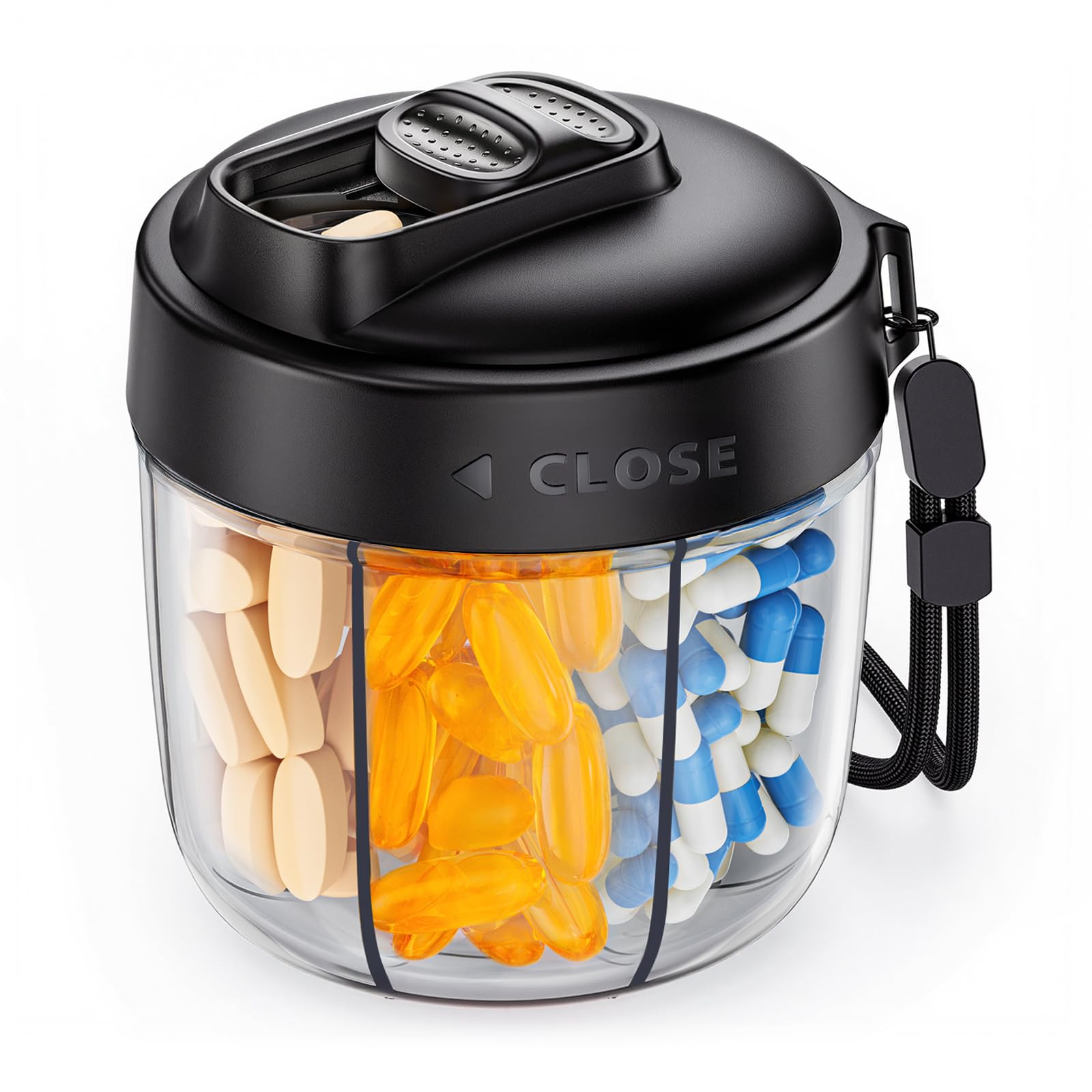 AUVON Portable Pill Dispenser to Store 7 Various Supplements, Travel Pill Organizer Bottle with Anti-Mixing Design, Arthritis-Friendly Pill Container