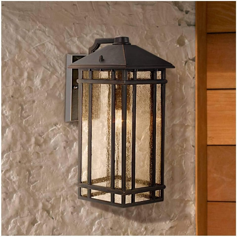 Bronze 19" Arts and Crafts Outdoor Wall Light with Seedy Glass