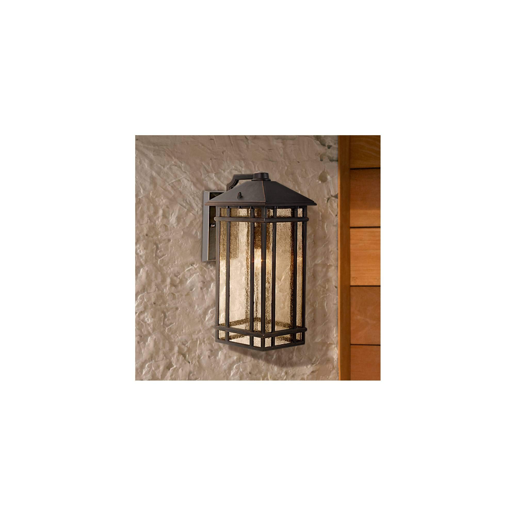 Kathy Ireland Sierra Craftsman Art Deco Outdoor Wall Light Fixture Rubbed Bronze Brown Steel 16 1/2" Seedy Glass Panels for Exterior House Porch Patio
