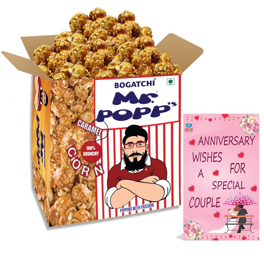 BOGATCHI Mr.POPP's Caramel Popcorn, 100% Crunchy HandCrafted Gourmet Popcorn Snacks | NO Microwave needed | Best Movie / TV Time Snack, Best Anniversary Gift for Couple , 375g + FREE Happy Anniversary Greeting Card