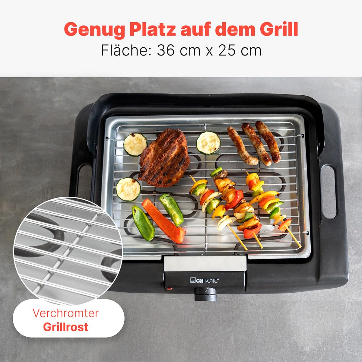 Clatronic Gril électrique BQ 3507, Barbecue de table,Indoor-Outdoor BBQ,petit,gril de table électrique pour balcon/camping/jardin,grille,protection contre le vent,surface de gril: 36x25 cm, 2000 watts