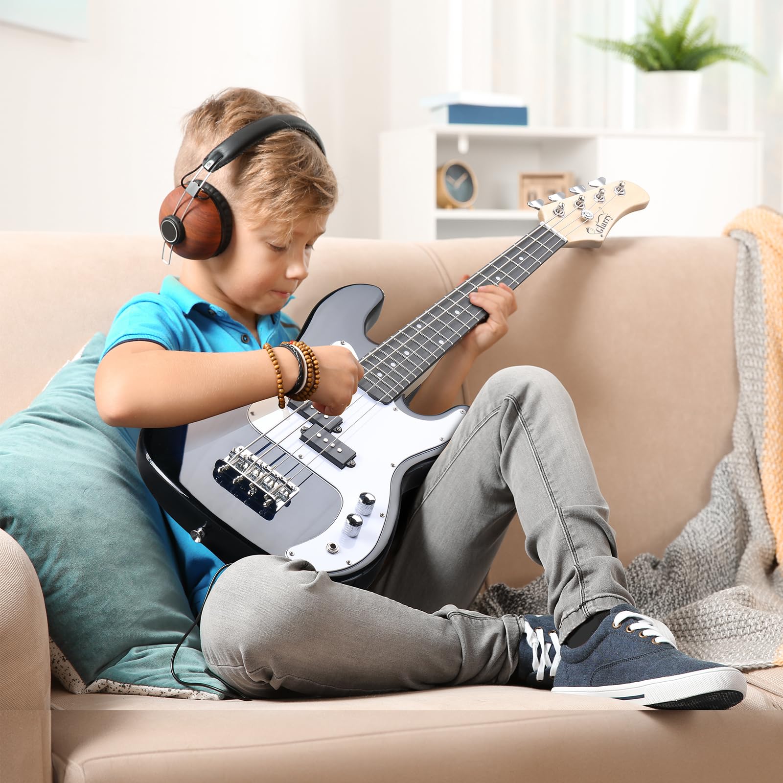 GLARRY 36in Electric Bass Guitar, 4 String Beginner Starter Kit with Accessories including Cable, Strap, Bag for Adults (Dark Blue)