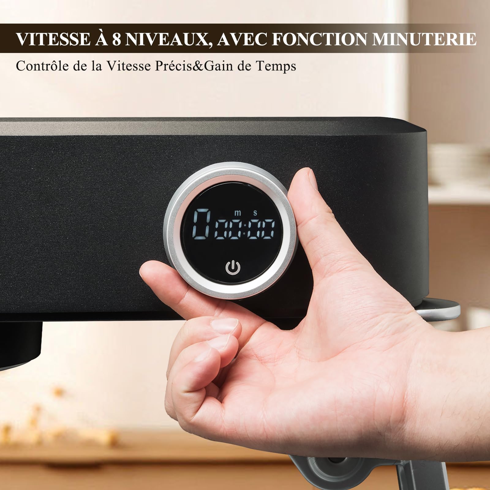 Robot Pâtissier, 5 L Robot de Cuisine Tout en Métal avec Port d’Alimentation Universel et Fonction Minuterie, Pétrin Professionnel à 8 Vitesses avec Batteur, Crochet, Fouet (Noir)