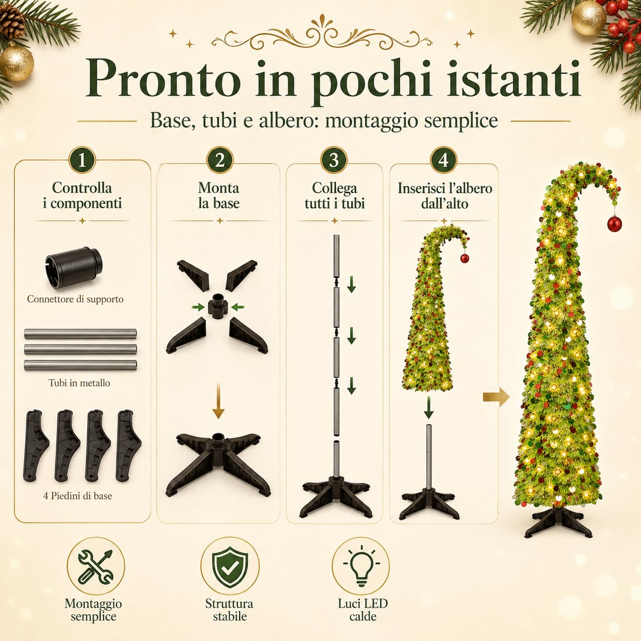 Albero di Natale Pop Up 153 cm con Luci e Paillettes, Salvaspazio