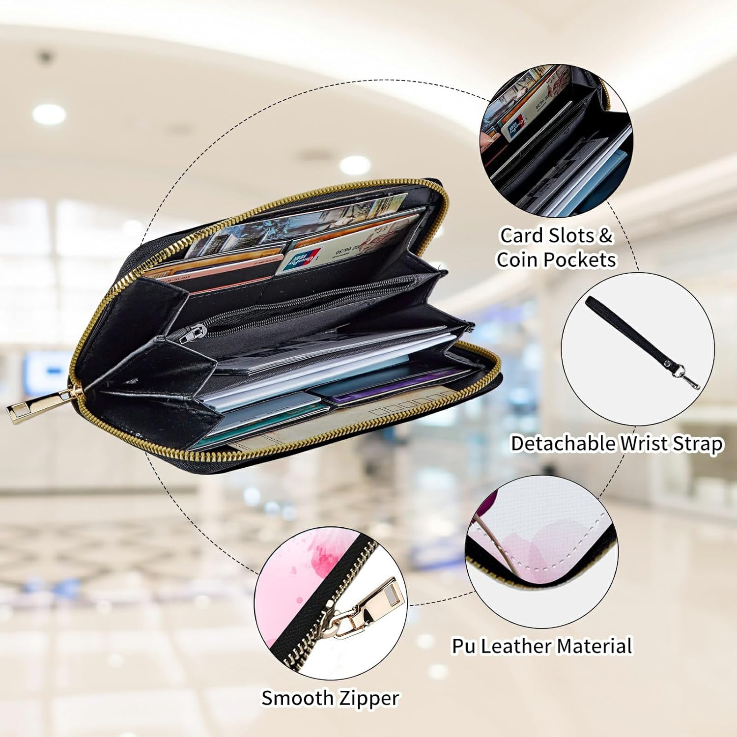 Womens Wallet, Large Capacity RFID Blocking PU Leather Wristlet Wallets for Women Ladies Men Credit Card Holder Zipper Wallet Phone Holder Clutch Travel Purse, Pink Cherry - Image 3