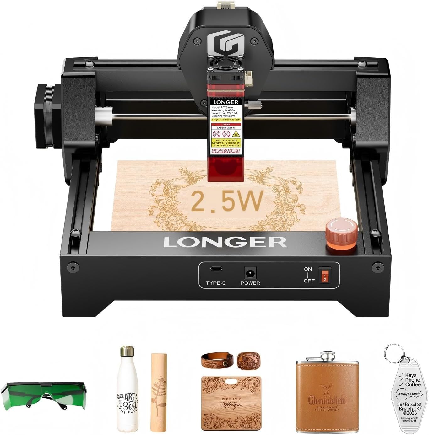 LONGER Ray5 mini Laser Engraver, Desktop Engraving Machine with WiFi Support, Up to 12,000 mm/min High Speed, for Wood, Acrylic & Leather, Emergency Stop, 2.5W Output Power