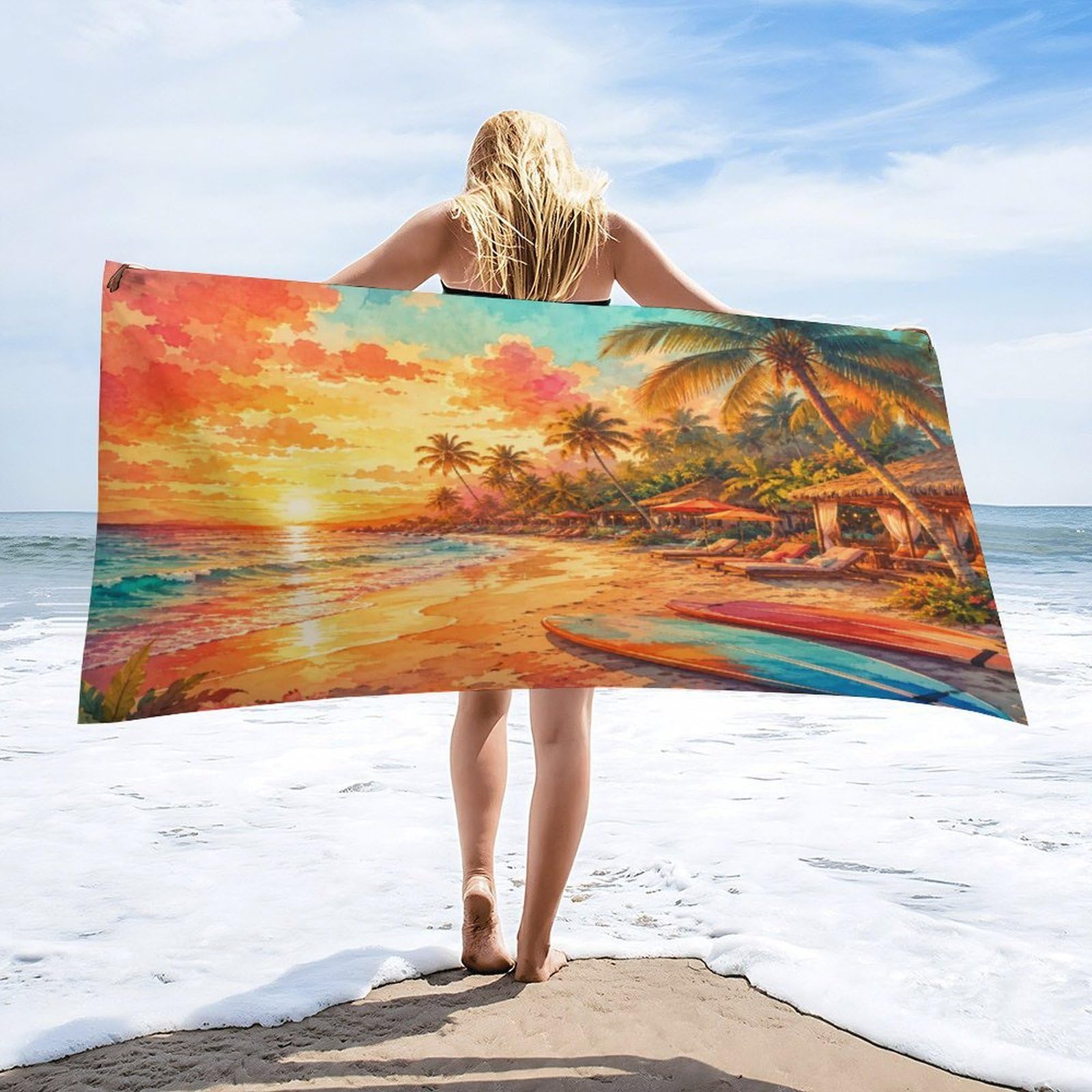 Anceky Tropical Beach Sunset Palm Trees Beach Towel 32"×63",Soft Microfiber Bath Towel Shawl, Quick Dry Absorbent Pool Spa Gym Shower Towel