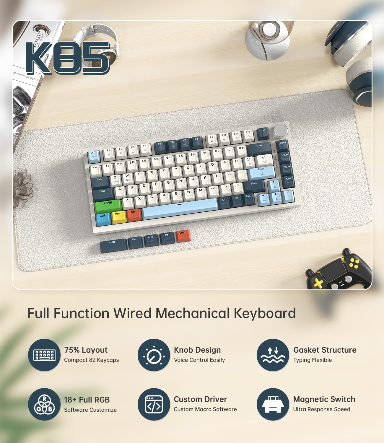 LexonElec x Attack Shark K85 Teclado Mecánico con Interruptor Magnético, Rapid Trigger, Cloud Driver, DKS/MT/TGL, RGB LIGHTSYNC, QWERTY Teclado Gaming Gasket 75% con Knob & Cable USB C Espiral-Azul