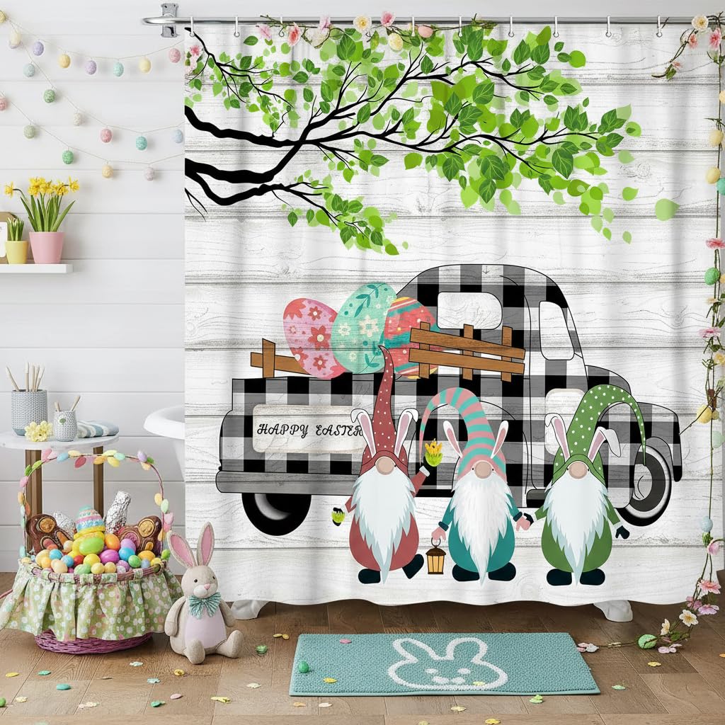 JAWO Farmhouse Easter Shower Curtain, Cute Gnome Eggs Buffalo Check Plaid Truck Car Green Leaf on Rustic Wooden, Holiday Bathroom Shower Curtains,