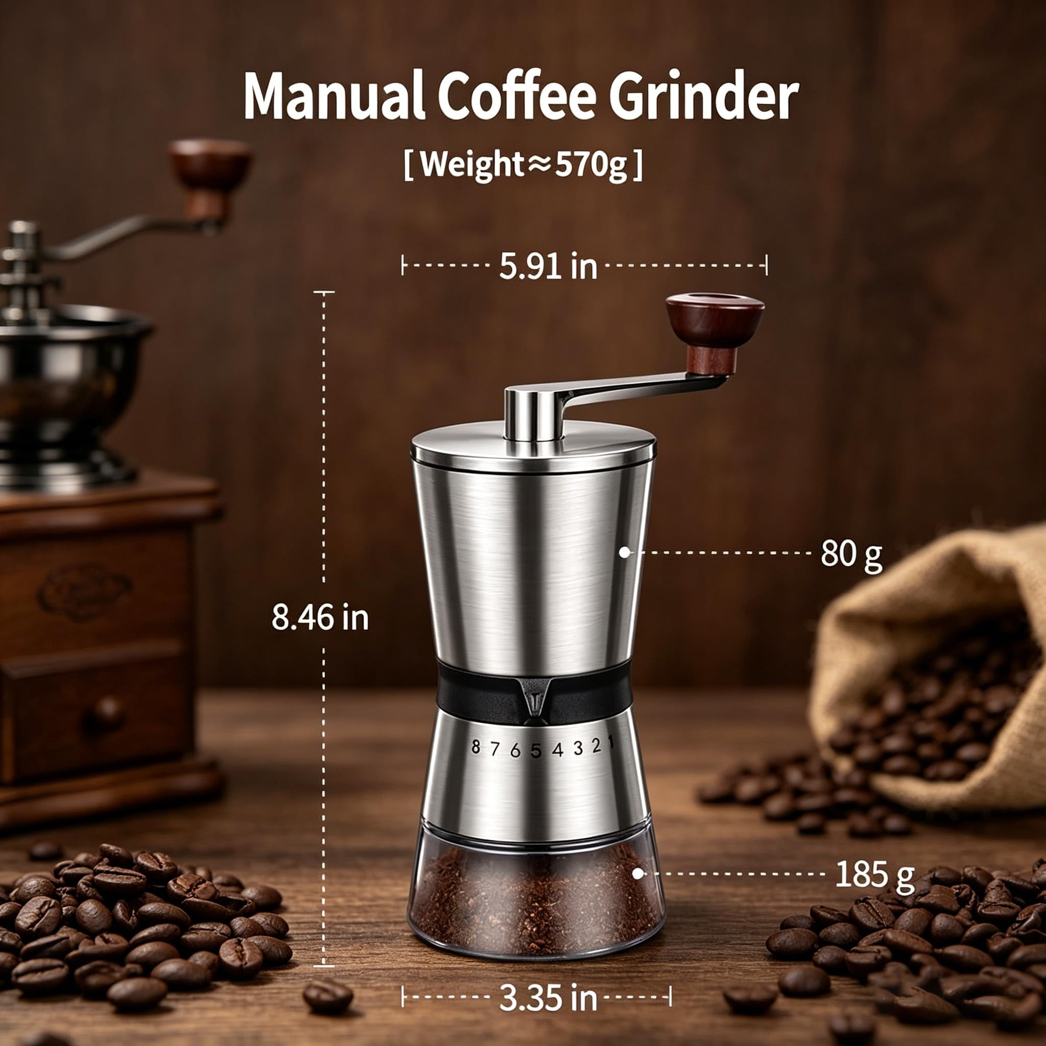 Molinillo de café manual, 8 ajustes de grosor ajustables, molinillo de café de manivela, molinillo cónico portátil para cafetera Moka, prensa francesa, goteo, espresso, molinillo de mano
