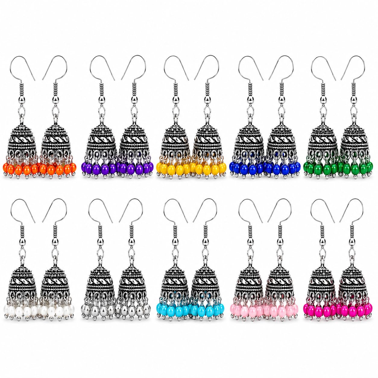 Oxidized Silver Jhumka Earrings Combo Set for Women & Girls (Pack of 10) | Traditional Ethnic Dome Jhumki with Multicolor Beads | Boho German Silver Drop Earrings | Daily Wear, Festive & Gift Jewellery-image-22
