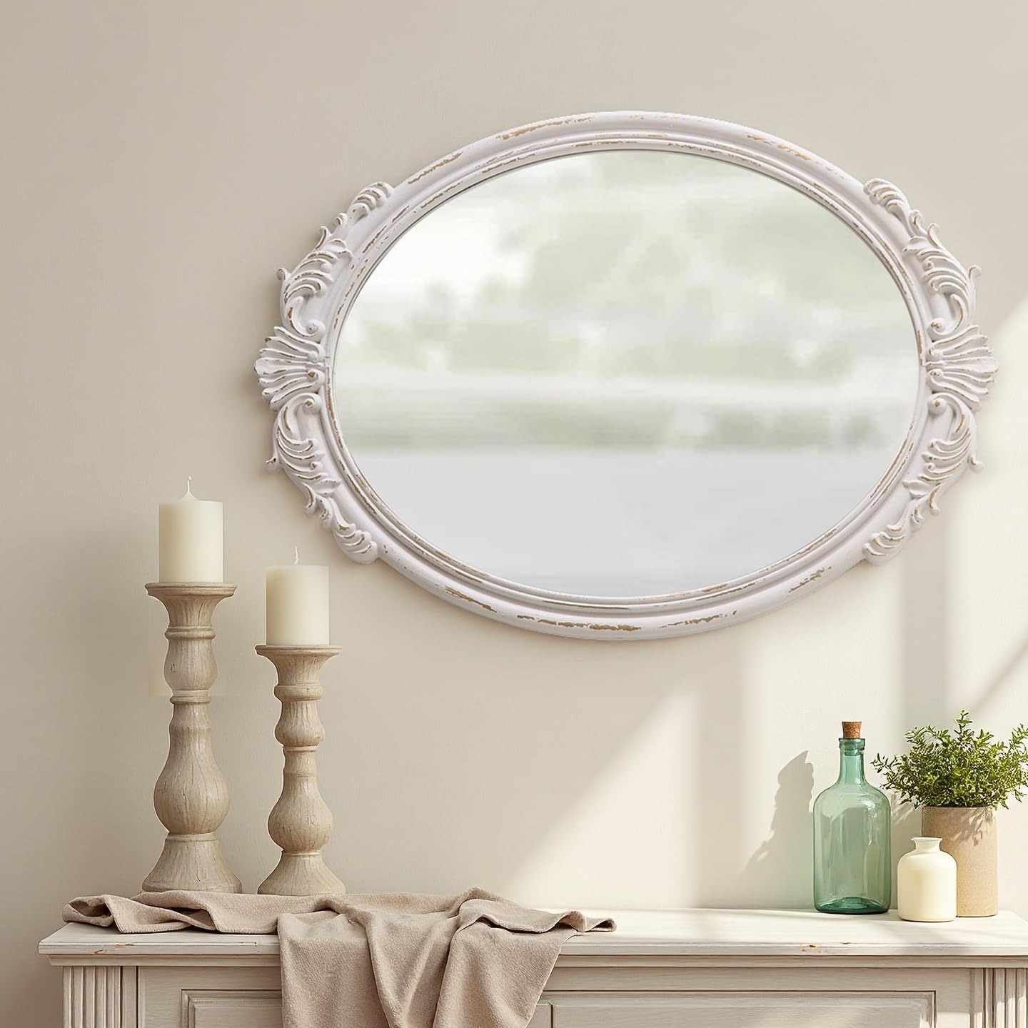 Vintage Oval Mirrors for Wall 30 X 22 Inch, Hanging Distressed White Wood Frame Antique Bathroom Mirrors for Over Sink, Decorative Mirror Living Room Bedroom Entryway, Horizontal or Vertical