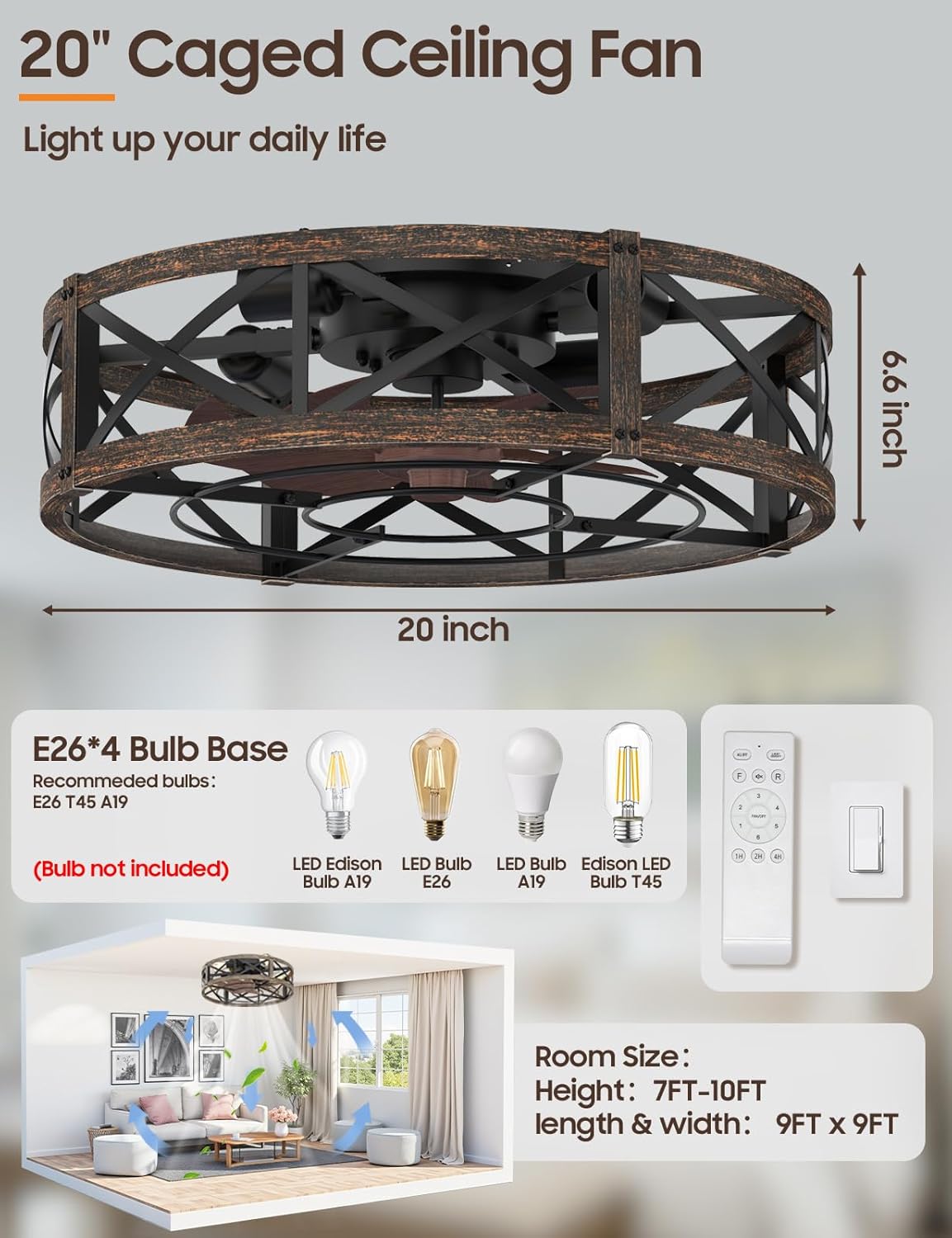 Caged Ceiling Fan with Light and Remote, 20" Low Profile Flush Mount Ceiling Fans with Light, 6 Speed, Timing, Reversible DC Motor, Small Farmhouse Fan Lights for Bedroon Kitchen Living Dining Room