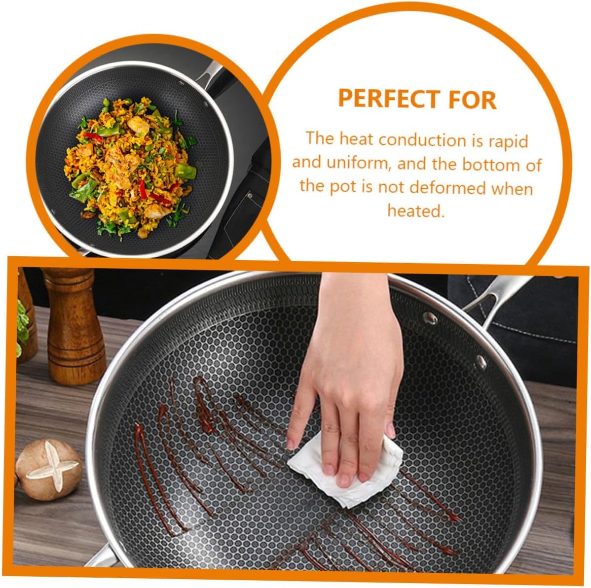 Honeycomb Grain Stainless Steel Wok Non-stick Frying Pan for Induction Cooktops Scratch-resistant Double Handle Design Easy to Clean Kitchenware