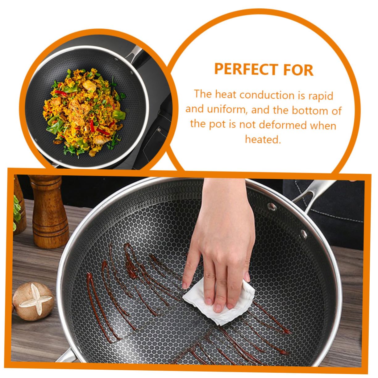 PHENOFICE Stainless Steel Wok Honeycomb Frying Pan Stir Fry Pan No-stick Cooking Pot Double Handles