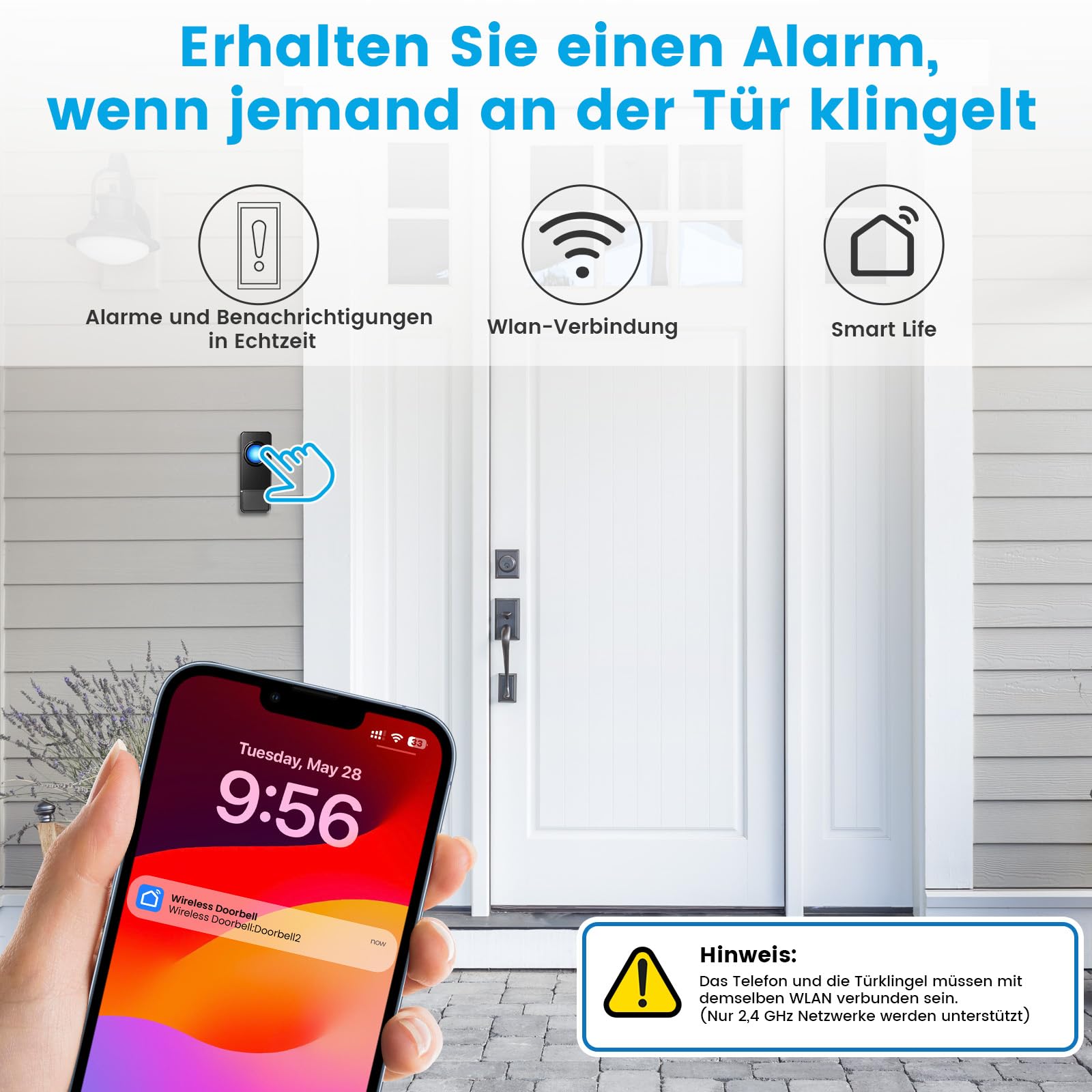 WIFI Türklingel Funk, Funkklingel Aussen Wasserdicht Kompatibel mit Smartphone App, 0-110dB Laute Klingel Haustür mit 32 Melodien, Doorbell mit Fernbenachrichtigung, Haustürklingel mit LED-Blitz