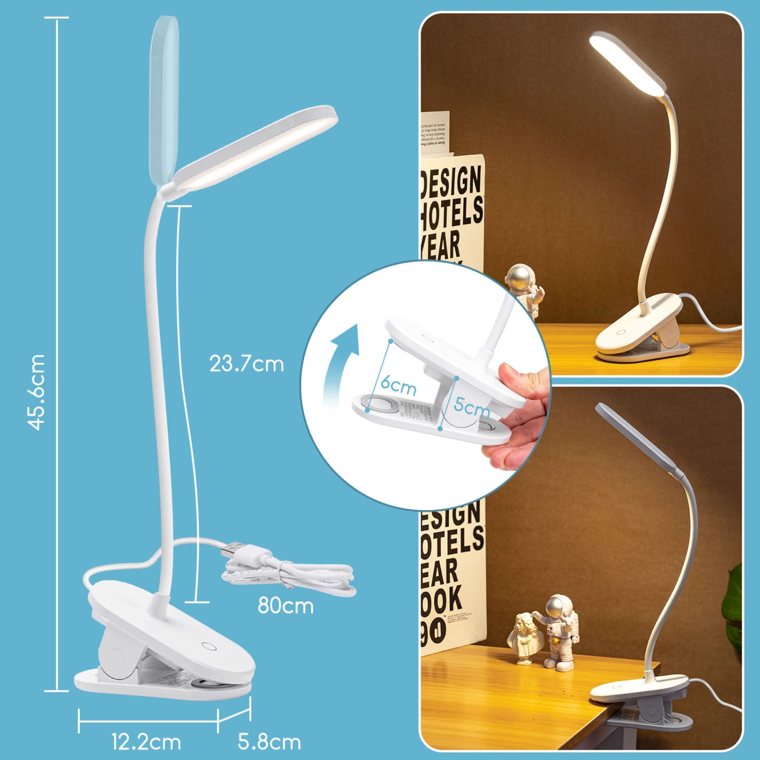 Aigostar Lampa do Czytania z Klipsem - Lampka Nocna LED Zasilana USB (Bez Baterii), 3 Poziomy Jasności, Elastyczne Ramię 360°, Ochrona Oczu 4000K, Idealna do Łóżka i Biurka, Biały