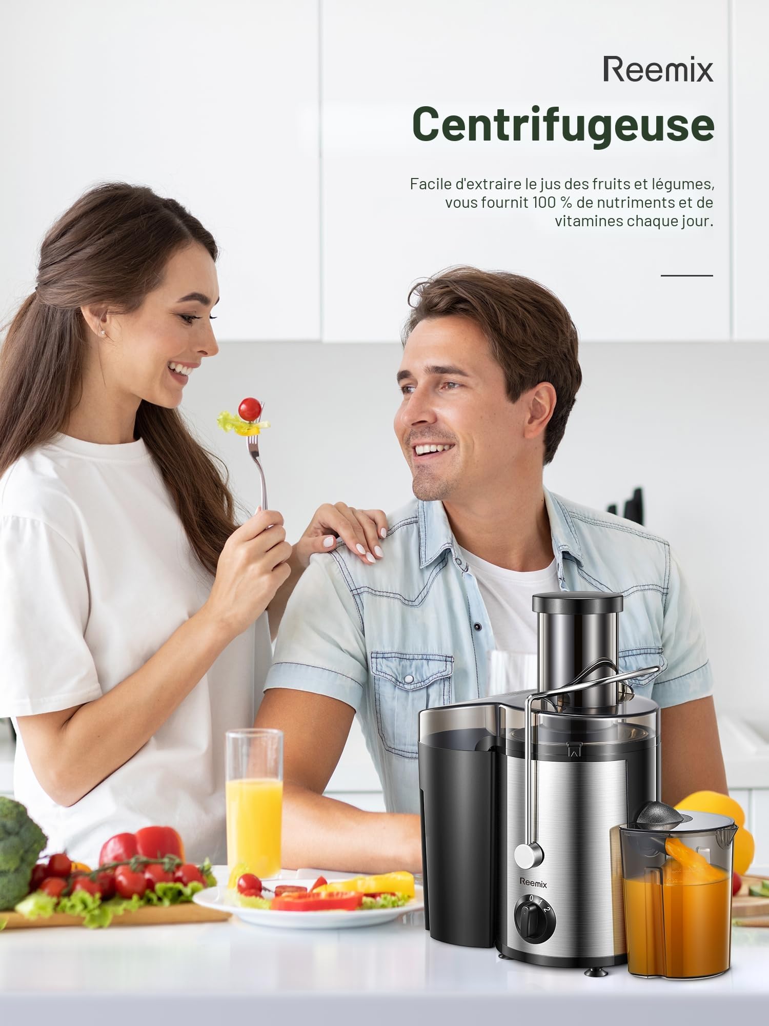 Reemix Centrifugeuse Extracteur de Jus, Centrifugeuse Fruits et Legumes à 2 Vitesses, 65 MM Large Bouche, Pieds Antidérapants, Brosse de Nettoyage Incluse (noir, 500W)
