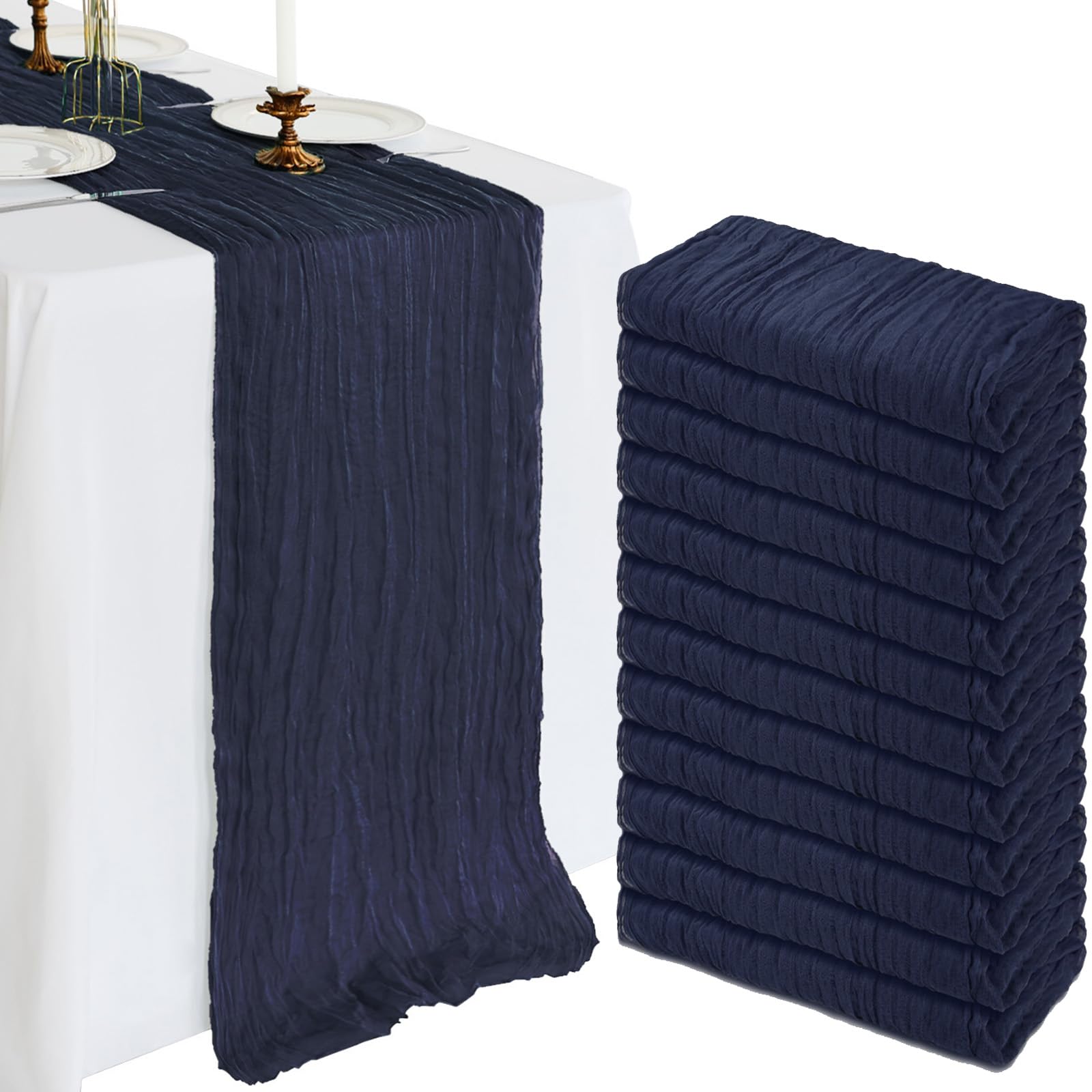 Photo 1 of 12 Pack 10FT Navy Blue Cheesecloth Table Runner 120 Inch Long Gauze Rustic Boho Cheese Cloth Table Runner Sheer Fabric Summer Decorations for Holiday Party Wedding Banquet Bridal Baby Shower Décor