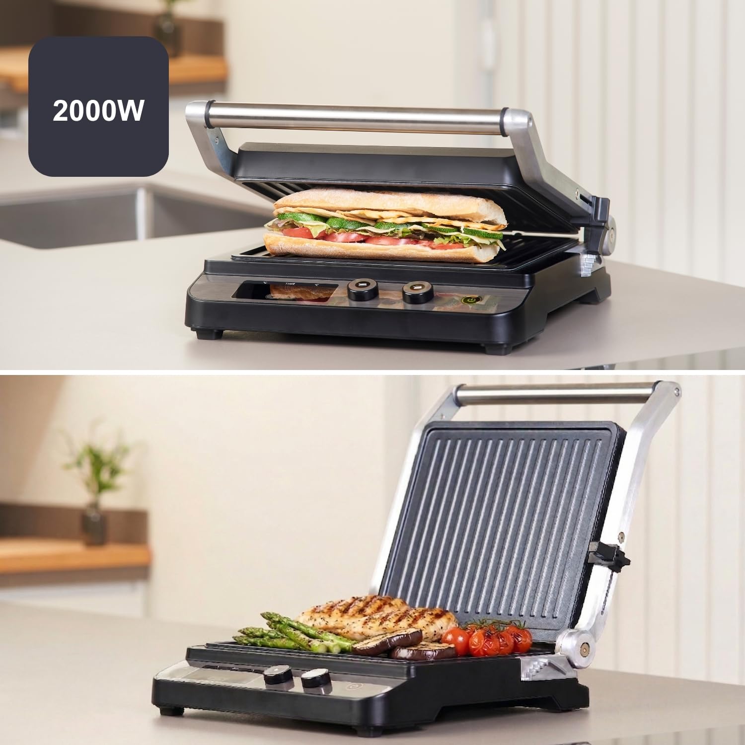 BLACK+DECKER BXGR2000E grill kontaktowy, 2000 W, 2 w 1: gładkie płyty i grill, przygotowywanie mięsa, ryb, warzyw, otwarcia 180º, kontrola temperatury i czasu z wyświetlaczem LCD