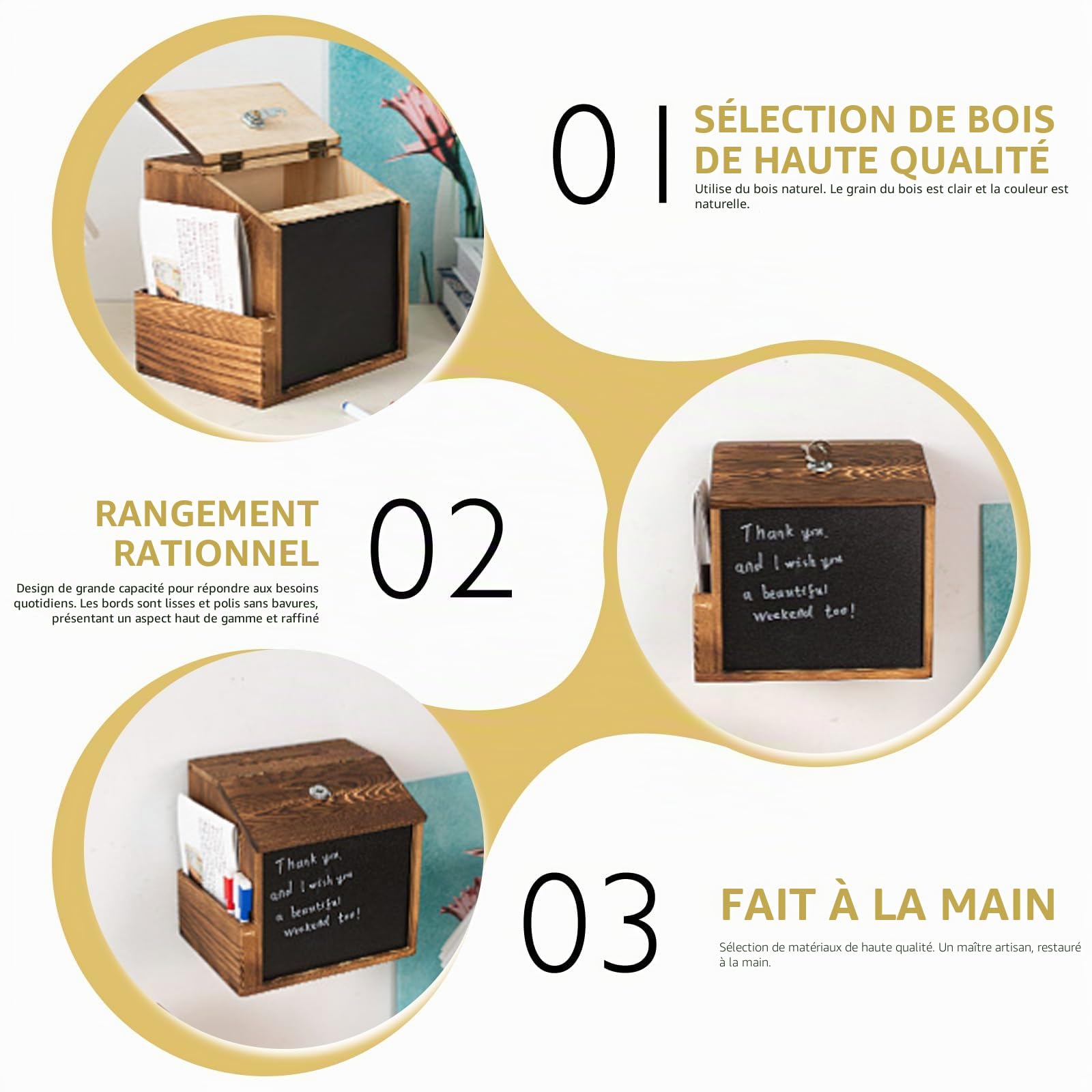 Boîte à suggestions en bois avec serrure et tableau à craie, boîte à dons verrouillable pour montage mural, boîte à suggestions, urne pour bureau, école, centre client, hôpital (Marron)