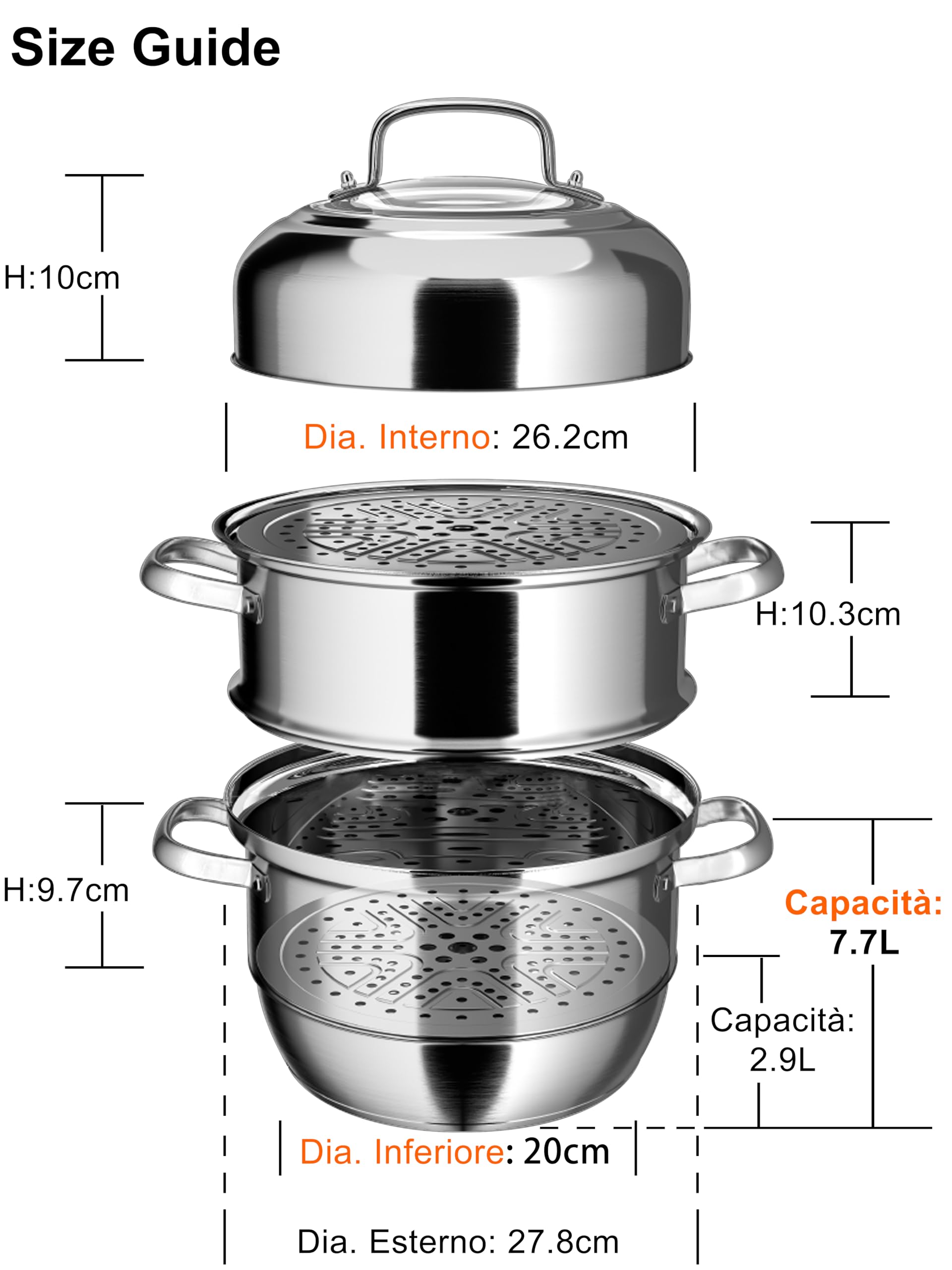 VENTION Vaporiera Induzione 28 cm, Pentola per Cuocere a Vapore 3 Piani, Pentola Vaporiera Acciaio Inox