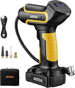 AstroAI Tire Inflator Air Compressor Cordless Car Tire Pump with 20V Rechargeable Li-ion Battery Digital Gauges Fast Inflation 150 PSI Auto Shut-Off Portable Air Pump for Cars Motorcycles, Yellow