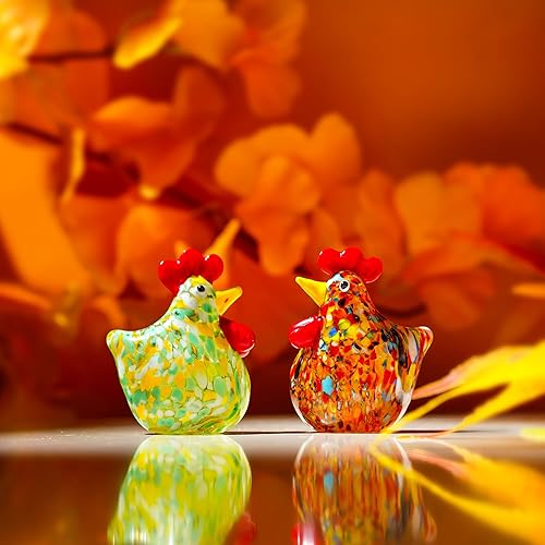 Miniatura 3 de H&D HYALINE & DORA Juego de 2 mini figuras de gallo de vidrio soplado de cristal de pollo coleccionable, adornos de animales de cristal para