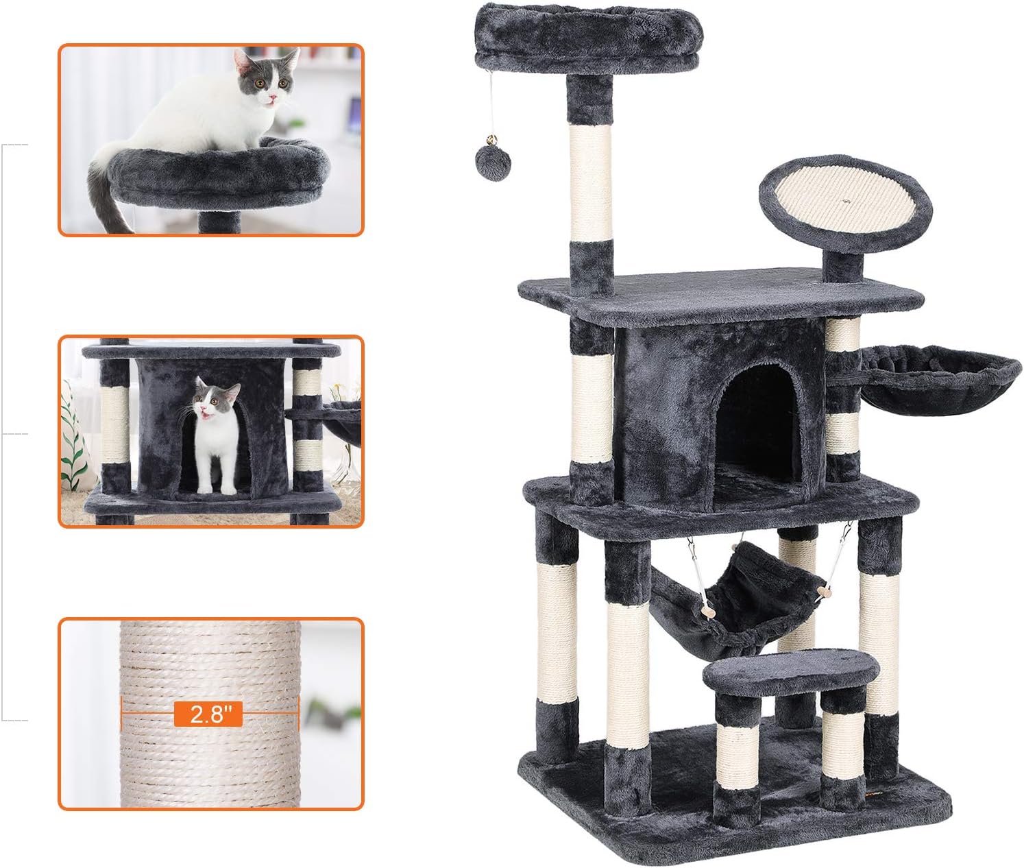 FEANDREA 55" Multi-Level Cat Tree Condo Tower with Scratching Post and Pad Kitty Play House Furniture Grey UPCT25G