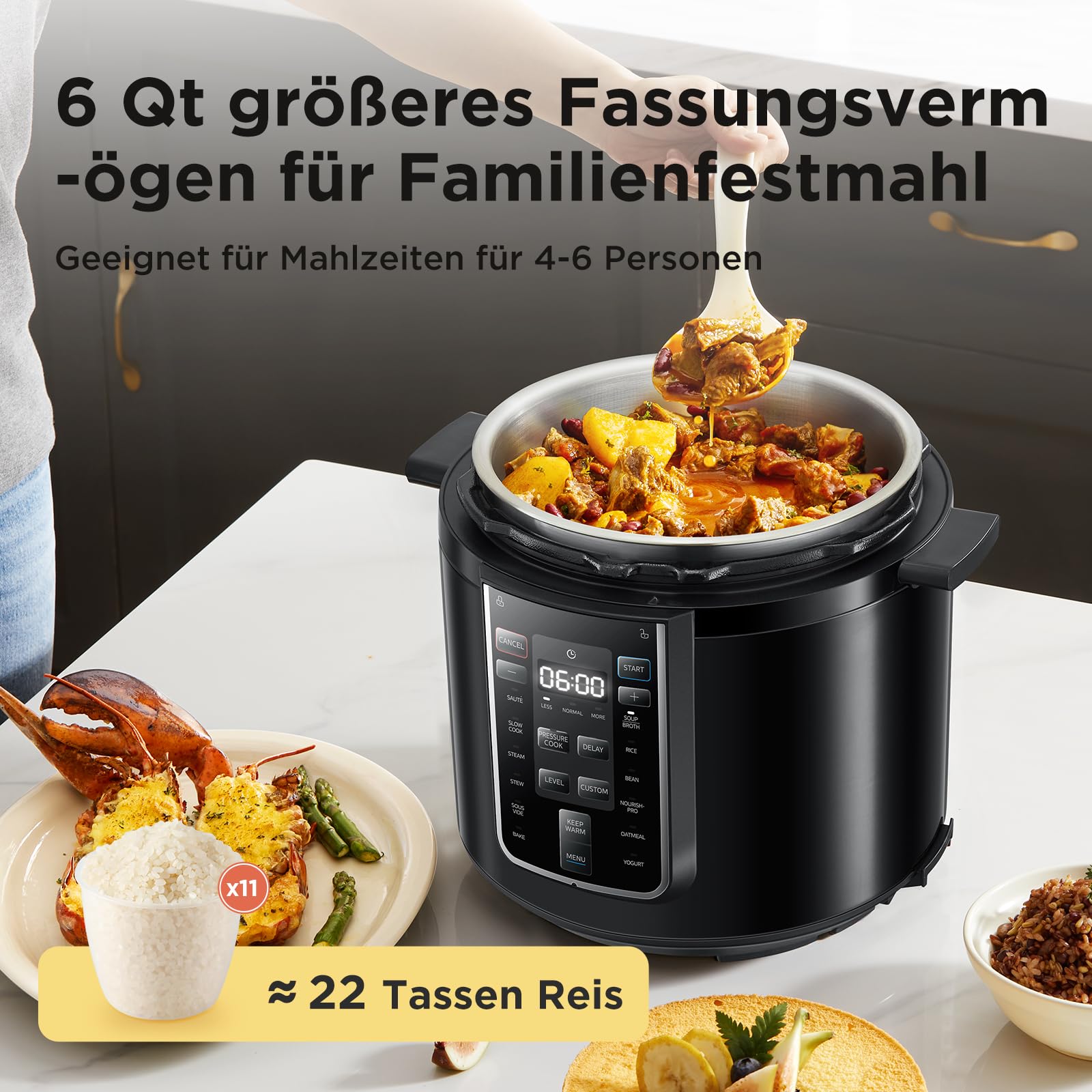 Midea Elektrischer Schnellkochtopf 6L, 9-in-1 Multikocher mit 14 Funktionen, Joghurtbereiter, Reiskocher, Slow Cooker, Sous Vide, Dampfgarer, Nudelkocher, Edelstahl Innentopf, Schwarz