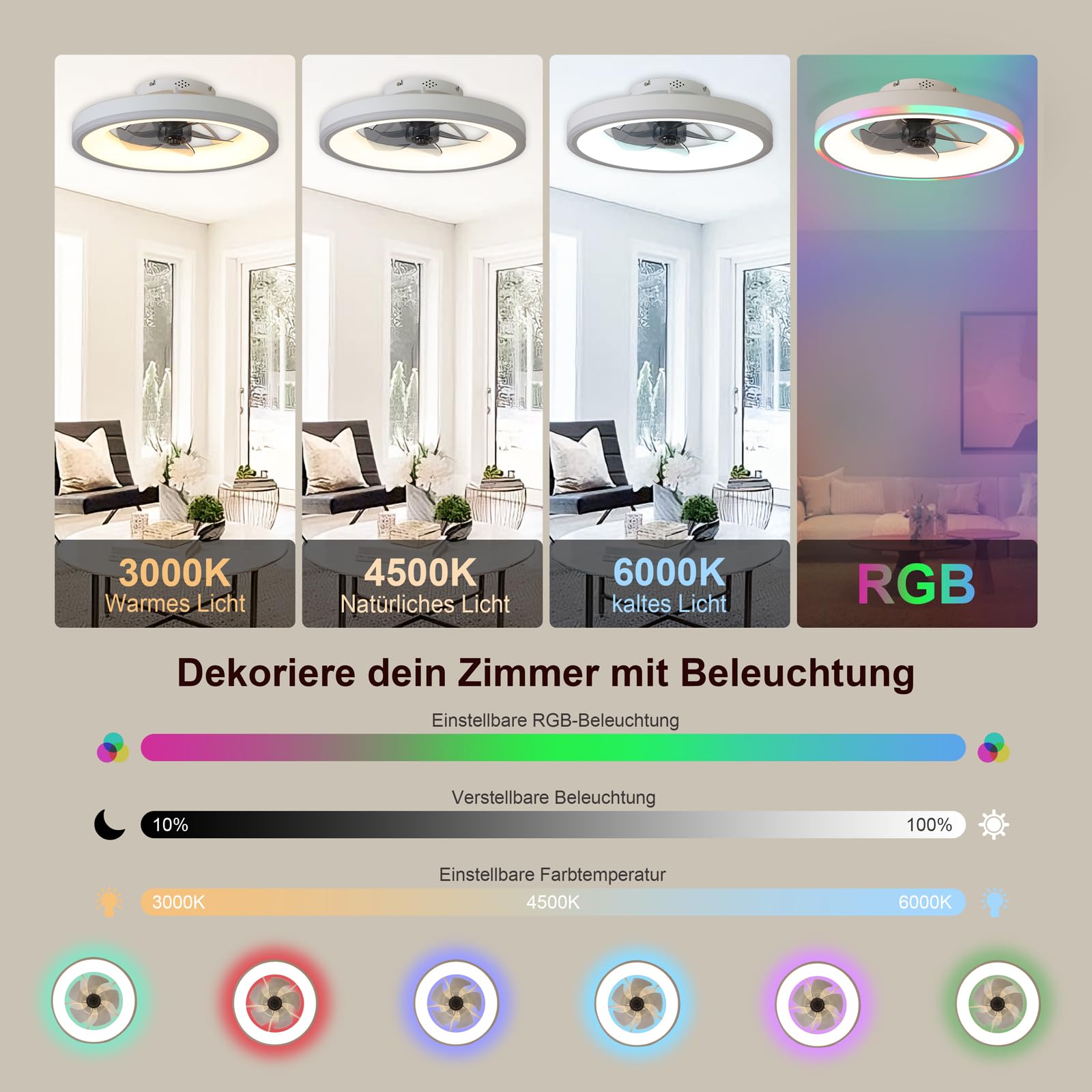 50 cm Deckenventilator mit Beleuchtung, RGB-Licht, leise, Weiß | RGB Deckenventilator mit Licht, Fernbedienung, Deckenlampe mit Ventilator, 6 Geschwindigkeiten, dimmbar, Timer, Schlafzimmer