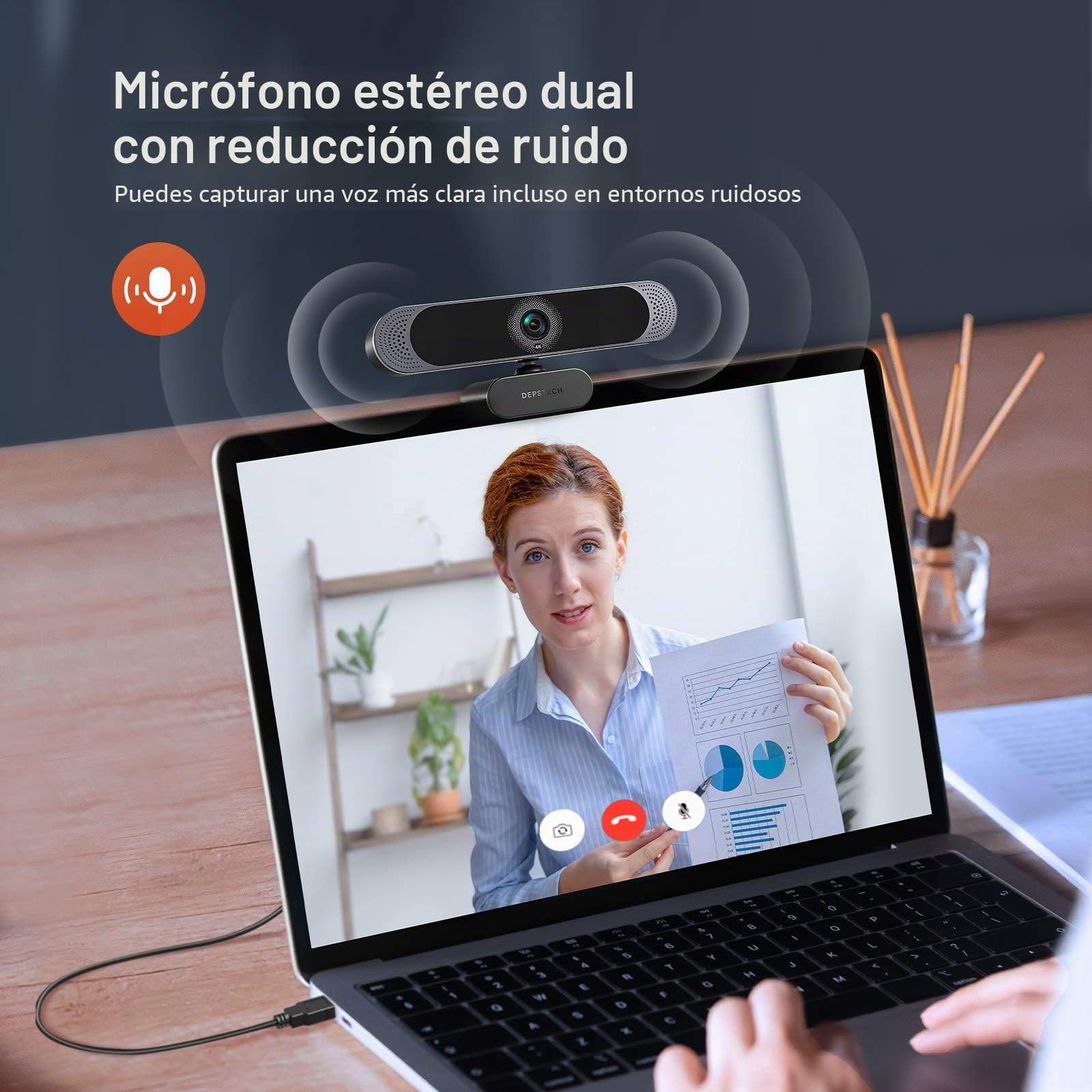 DEPSTECH Cámara Web 4K HD Con Micrófono 8MP, USB Autofocus, Caché y Trípode - Para PC, Portátil, Windows, Mac, Zoom, Skype, Youtube