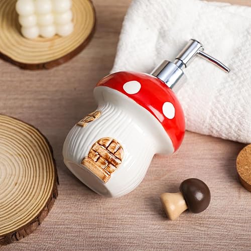 Miniatura 6 de Gaolinci Dispensador de jabón de manos de cerámica de 15 onzas, dispensador de jabón líquido para baño con bomba a prueba de fugas, hongo rojo