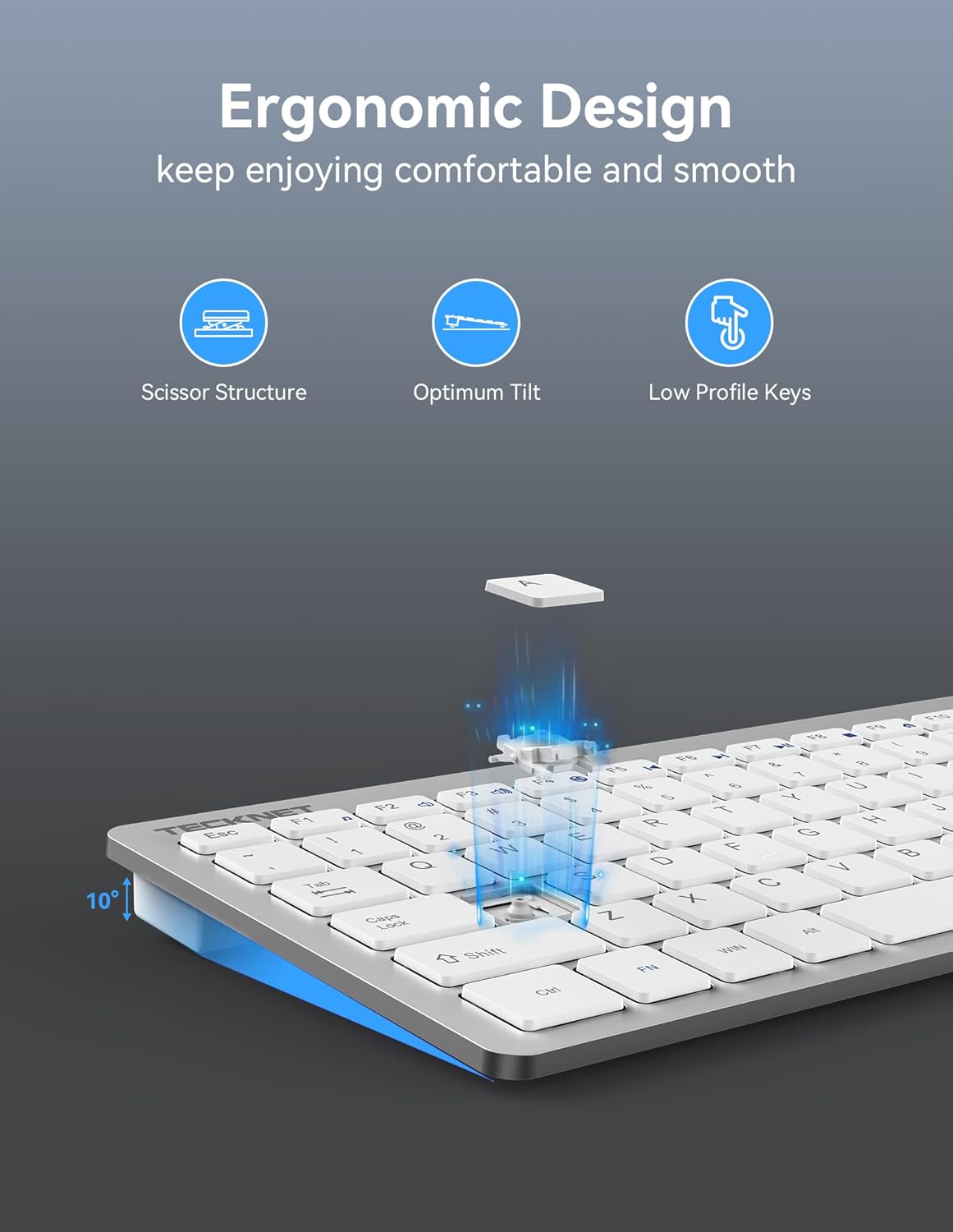 TECKNET 2.4G Wireless Keyboard, Ultra Slim Compact Computer Keyboard with Media Hotkeys, Silent Small USB Keyboard for Laptop PC Desktop Smart TV Notebook Chromebook-Silver - 4