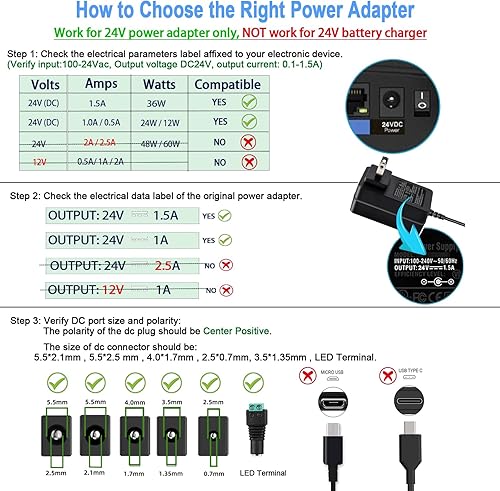 Miniatura 2 de TKDY Cable de alimentación de 24 V CC, adaptador de 24 V CC 1.5 A, CA 110-240 V CC en 24 voltios, 1 A, 0,5 A, cargador de pared para difusor