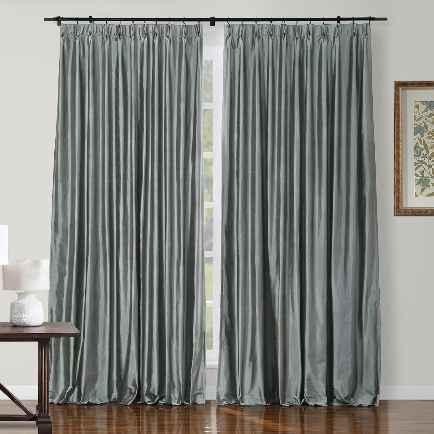 ChadMade Extra Long Light Filtering Dupioni Silk Curtain for Living Room, Pinch Pleat Elegant Drape Privacy Protection Window Treatment (W52 x L120, 1 Panel, Grey)